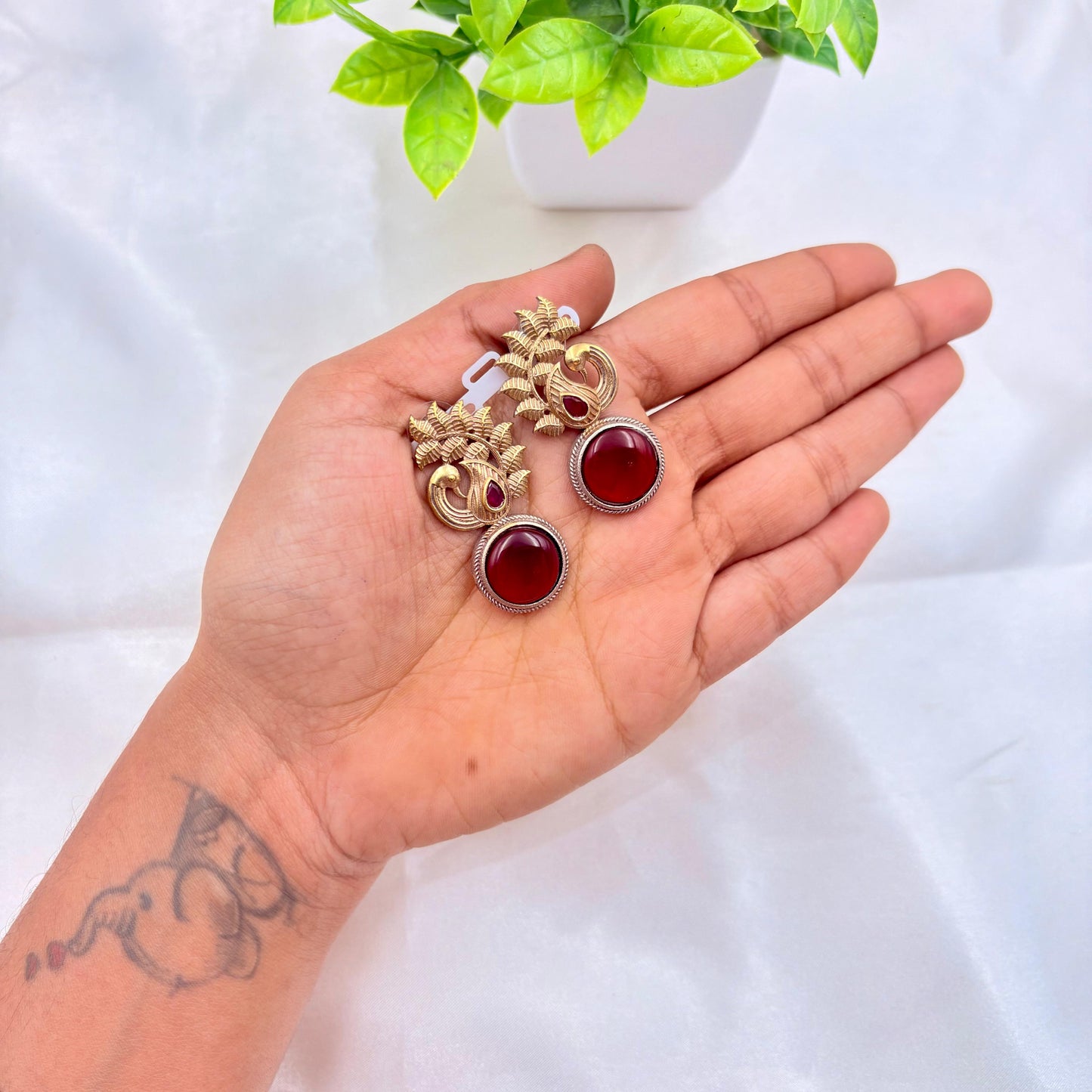 Antique Gold Peacock Design Earrings with Red Stone