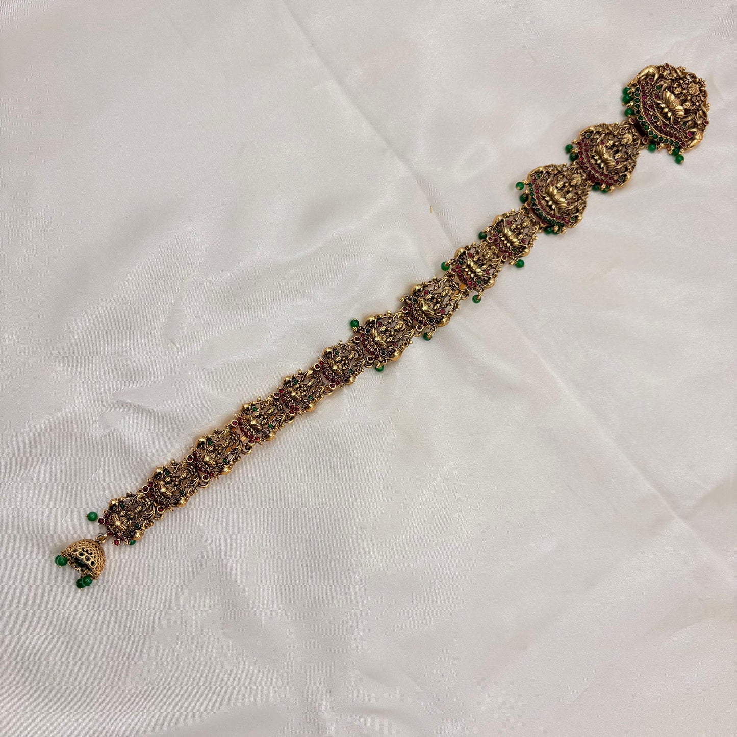 Antique Peacock & Lakshmi Long Jada Billa with Ruby–Green Stones (Bridal Hair Accessory)