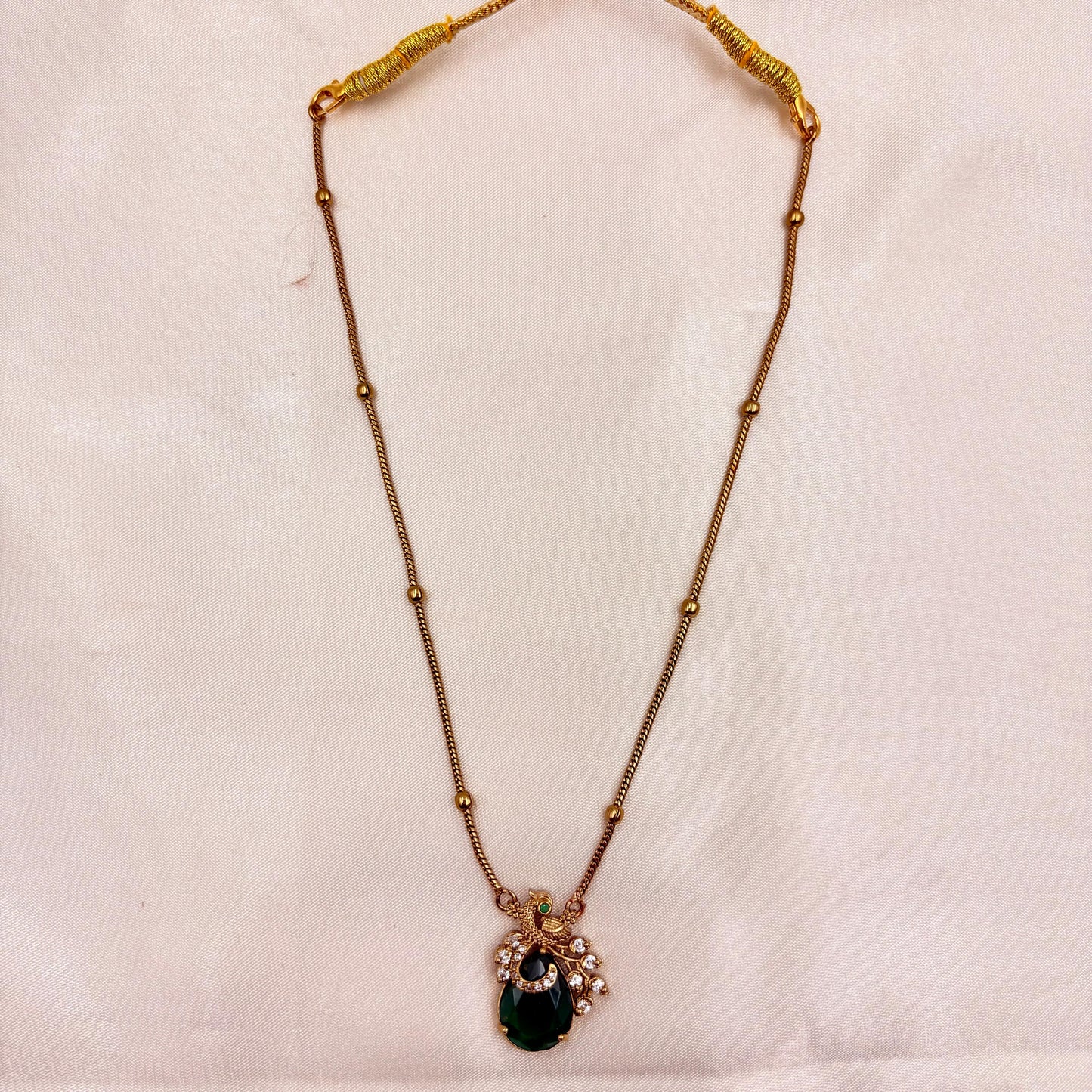 Antique Gold Peacock Pendant Necklace Set with Green Stone