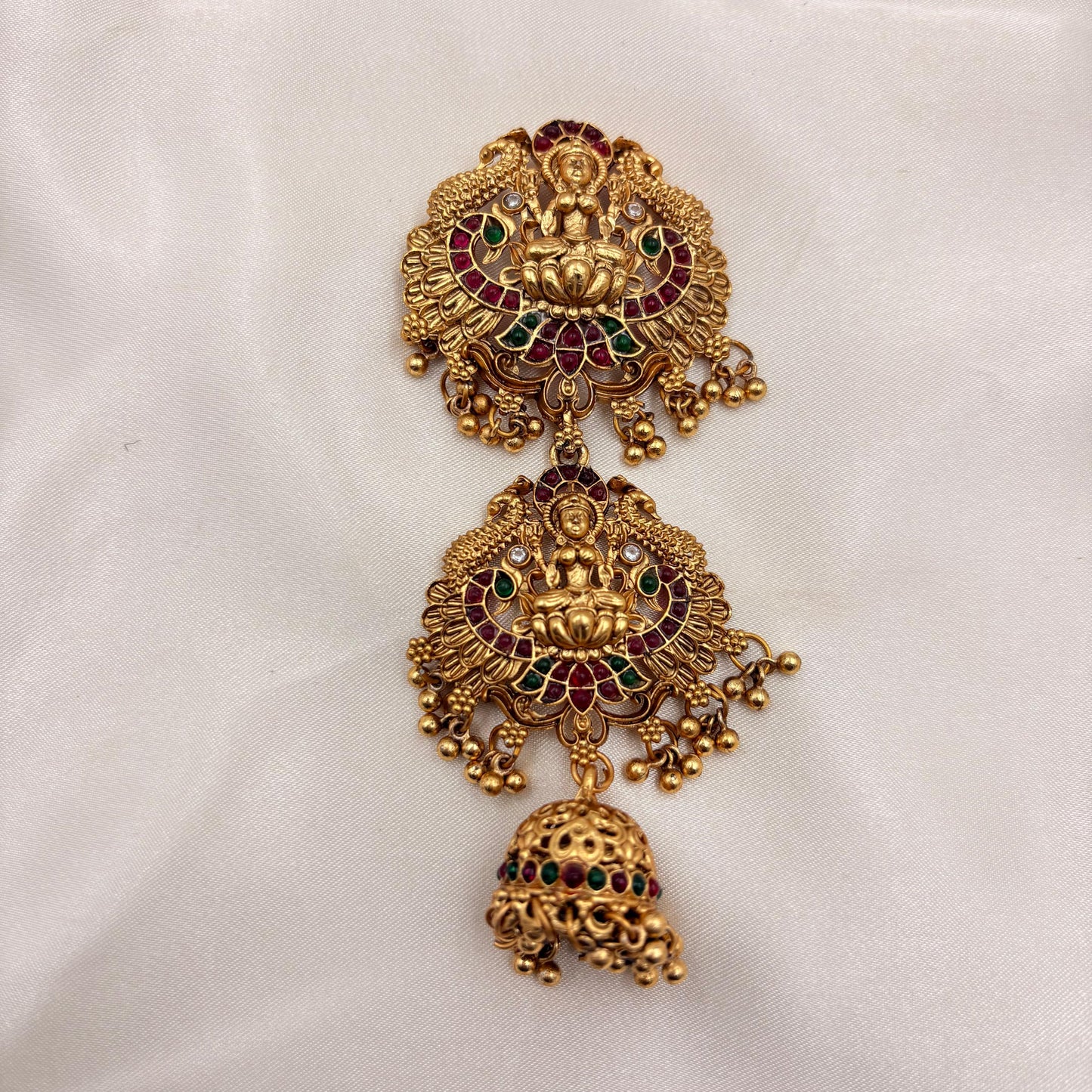 Antique Dual Lakshmi Temple Jada Billa with Ruby–Green Stones & Dome Hangings