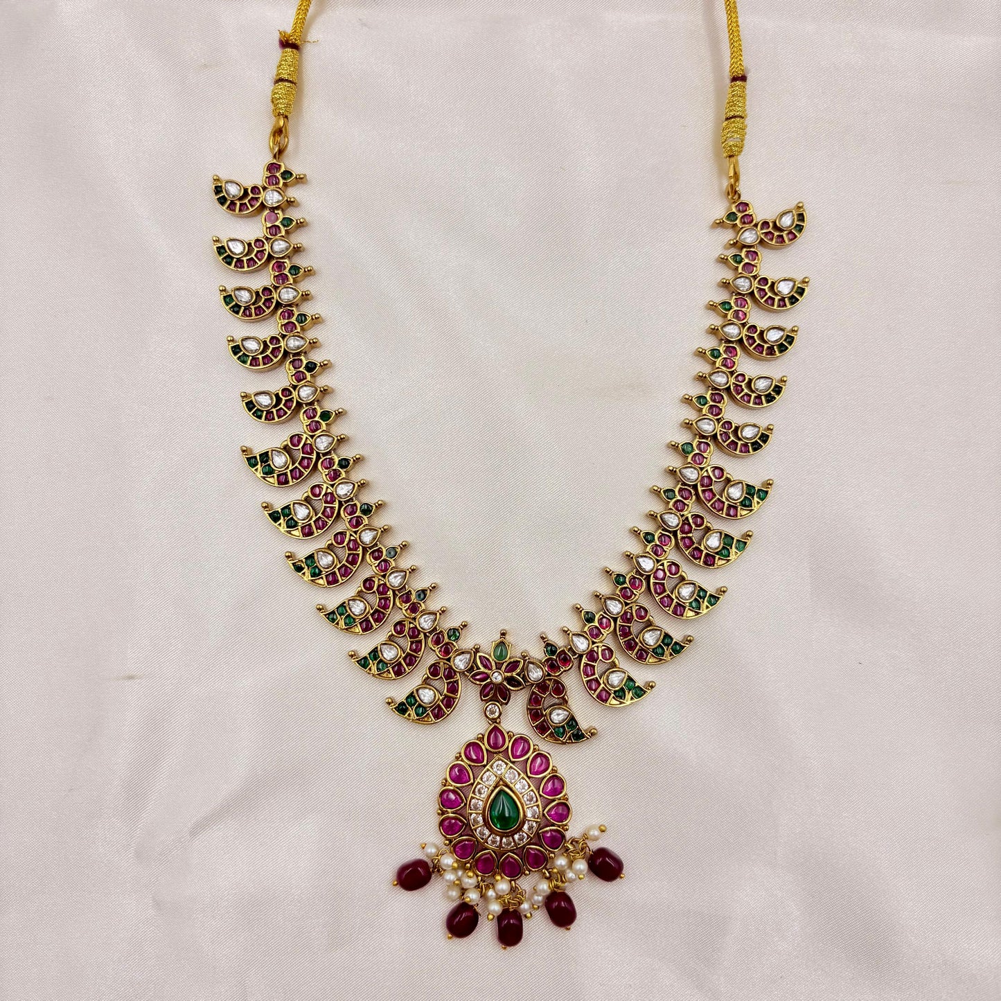 Traditional Multi-Colour Kemp Necklace Set with Earrings – Temple Jewellery Design