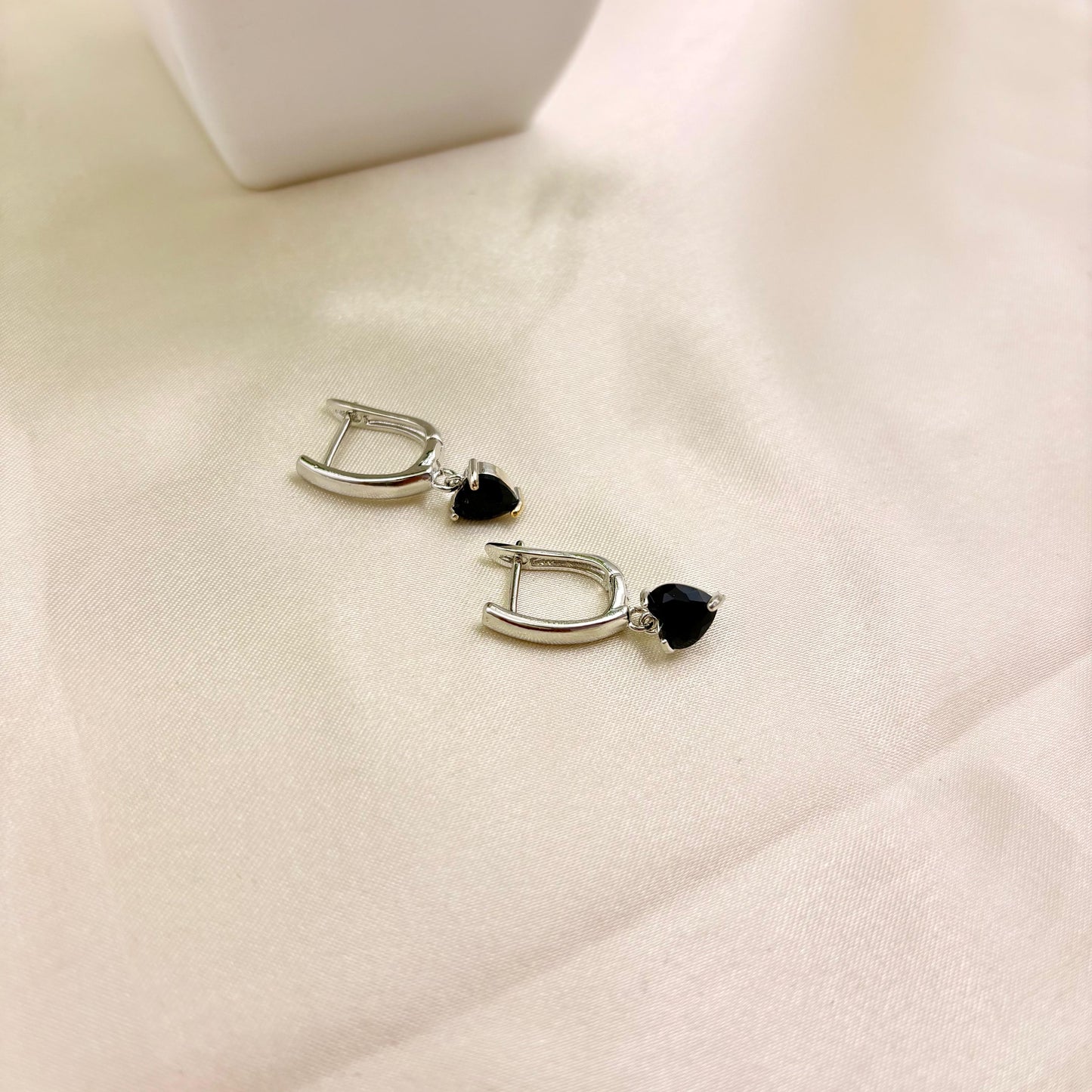 Silver Huggie Earrings with Black Stone Drop