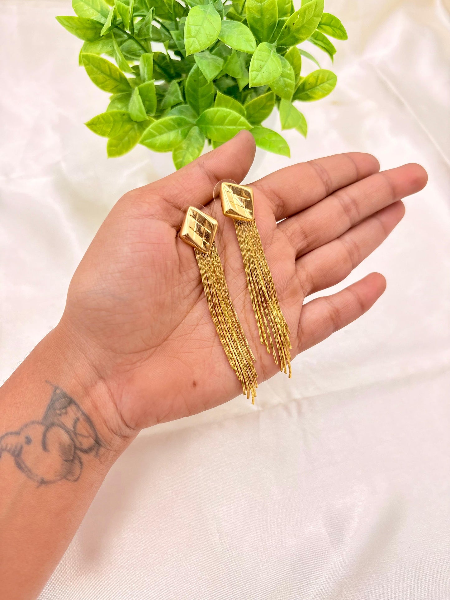 Gold Finish Square Stud Tassel Earrings