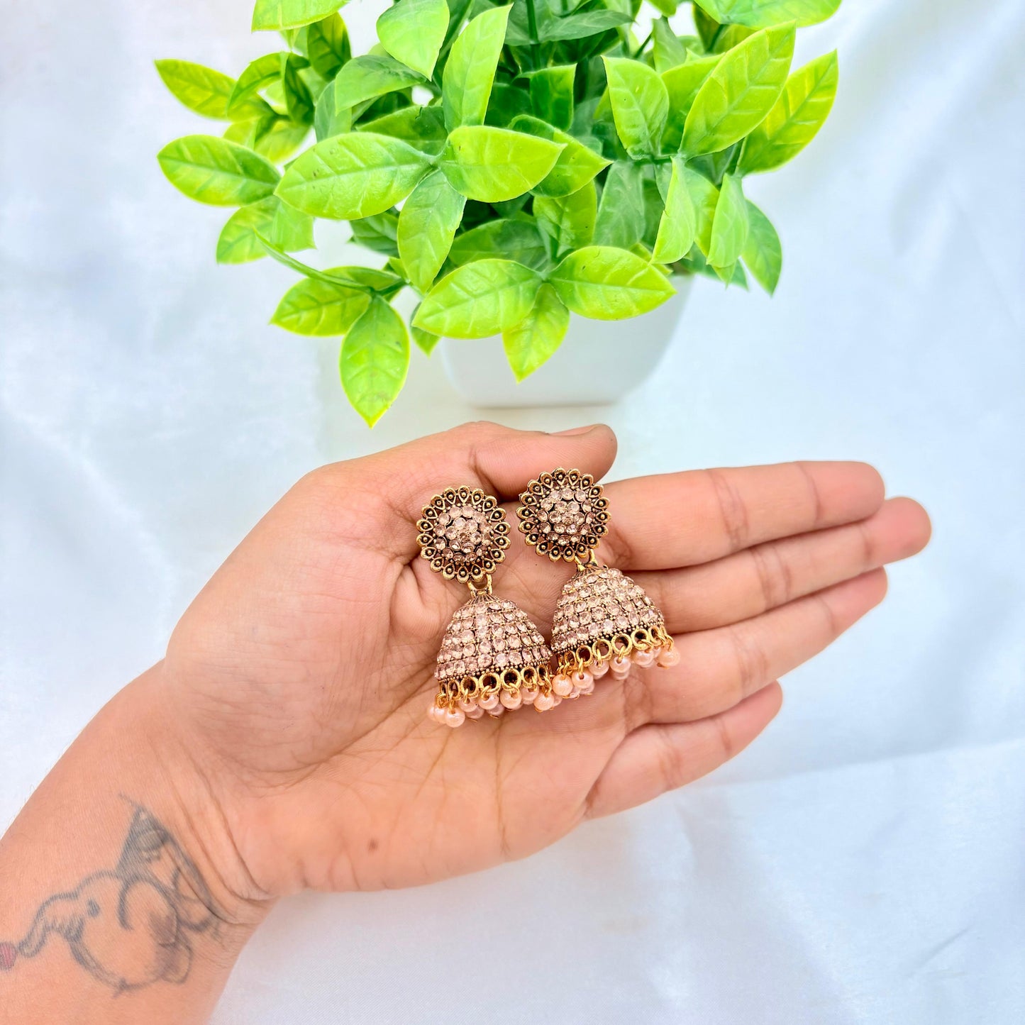 Rose Gold Crystal Jhumka Earrings with Pearl Drops