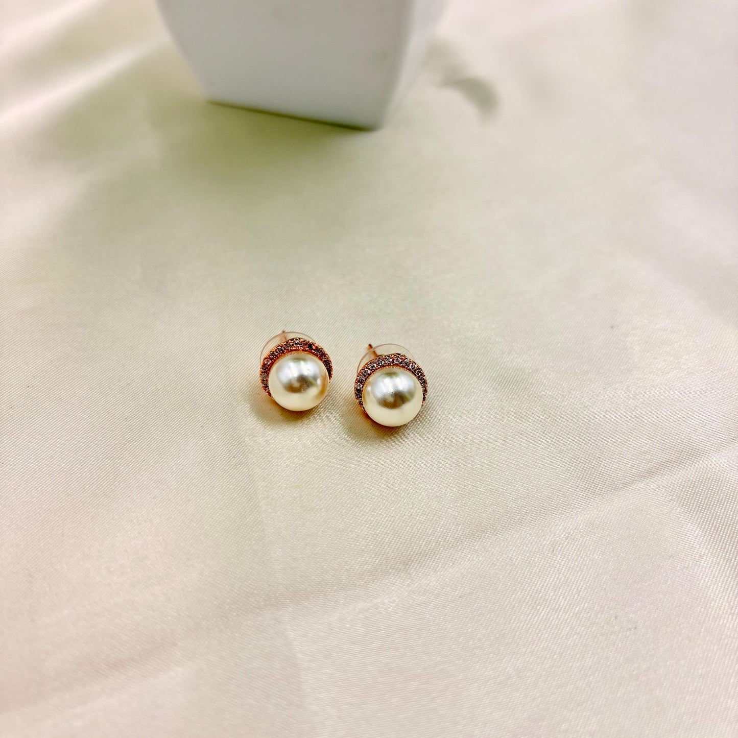 Classic Pearl Stud Earrings with Rose Gold Crystal Halo