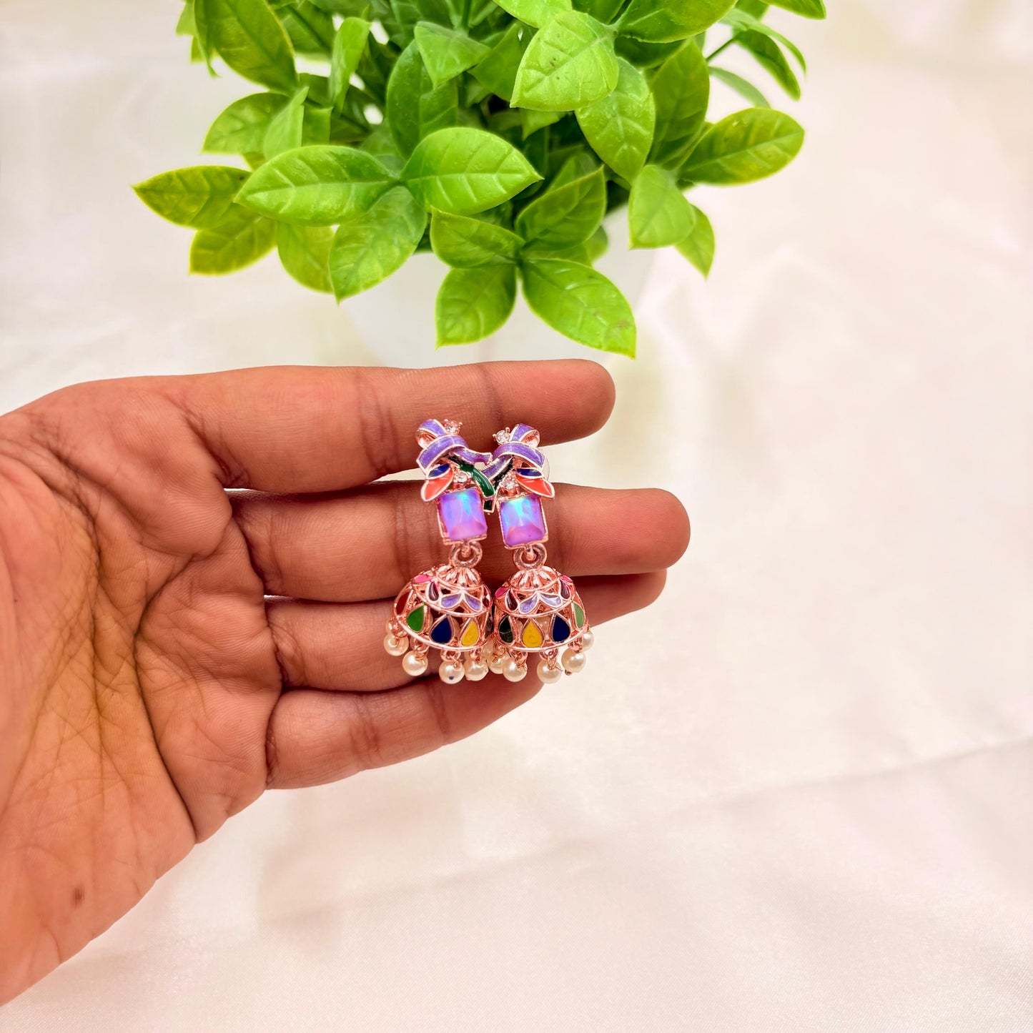 Pastel Multicolor Enamel Jhumka Earrings with Pearl Drops