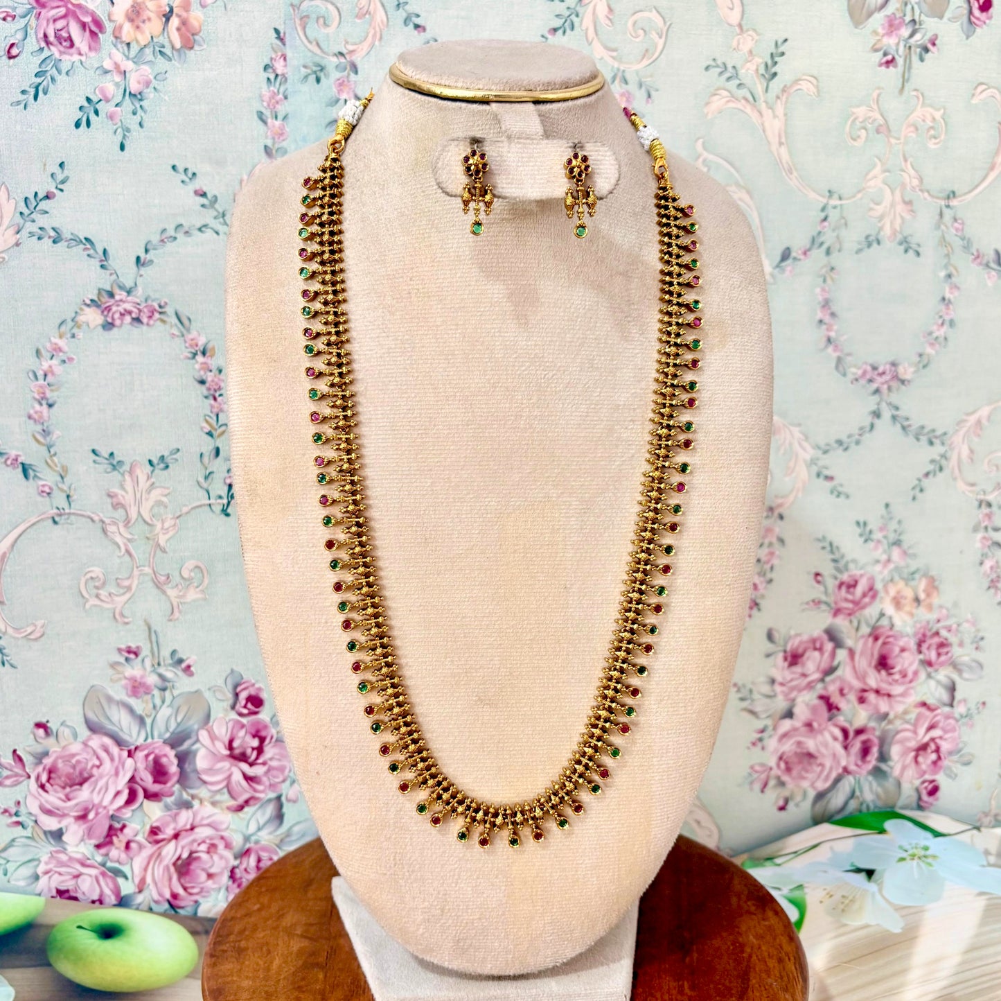 Classic Ruby & Green Stone Long Haram Necklace Set with Traditional Drop Earrings