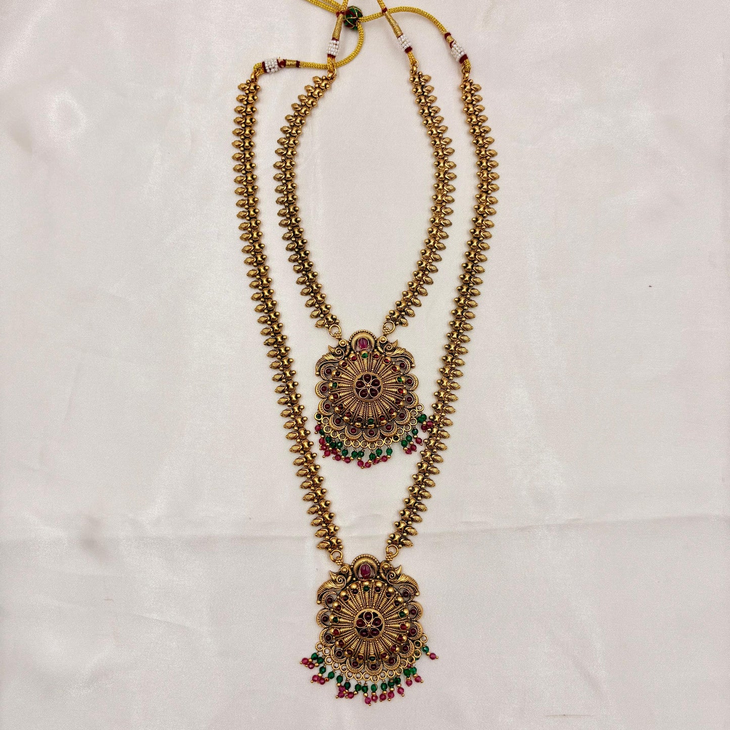 Antique Gold Dual Layer Long Haram Necklace Set with Round Pendant & Jhumka Earrings
