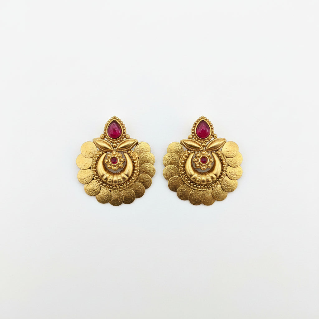 Antique Gold Lakshmi-Inspired Stud Earrings with Ruby Stone Detailing – Temple Jewellery