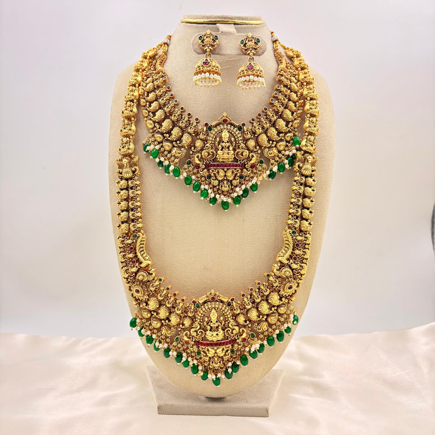Grand Antique Temple Jewellery Set – Lakshmi Bridal Necklace Set with Long Haram, Earrings & Vaddanam
