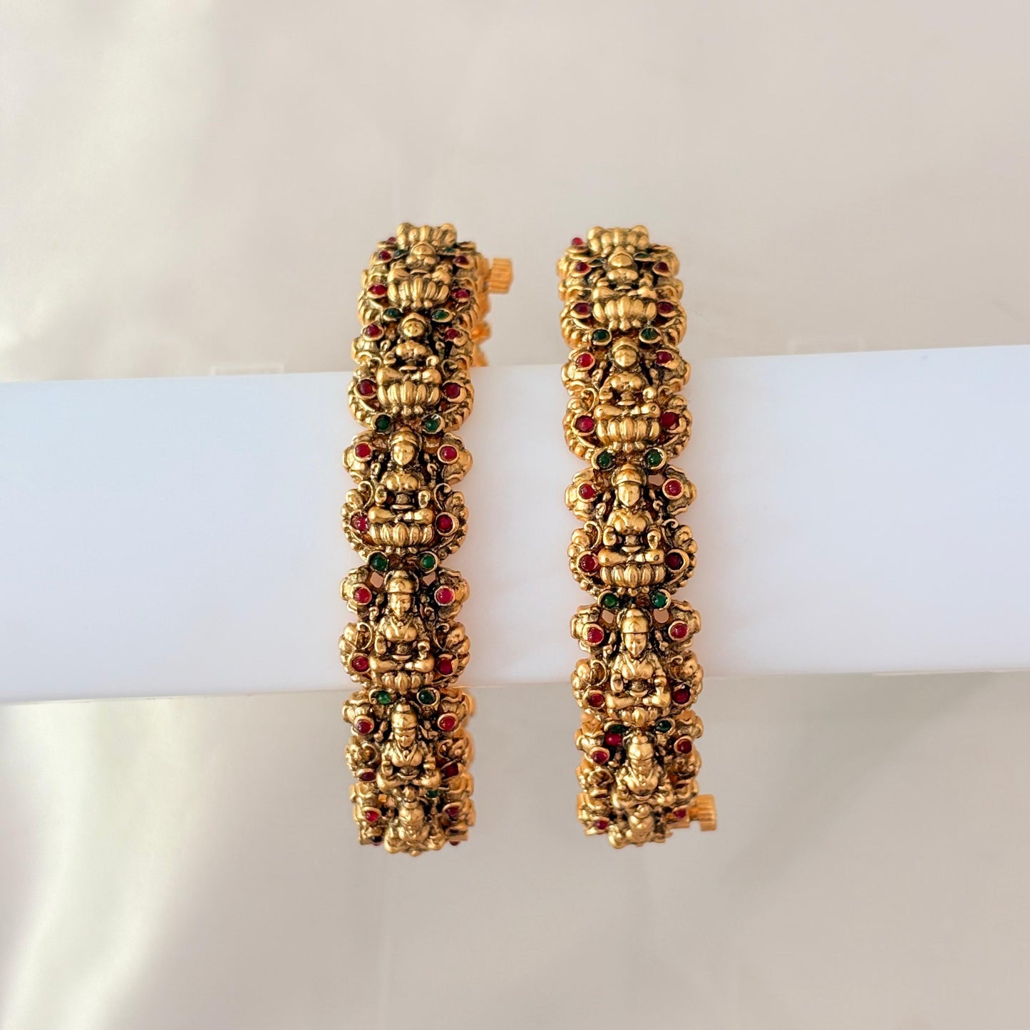 Antique Gold Ganesha Temple Bangles with Ruby & Green Stones – Heavy Bridal Bangles (Pair)