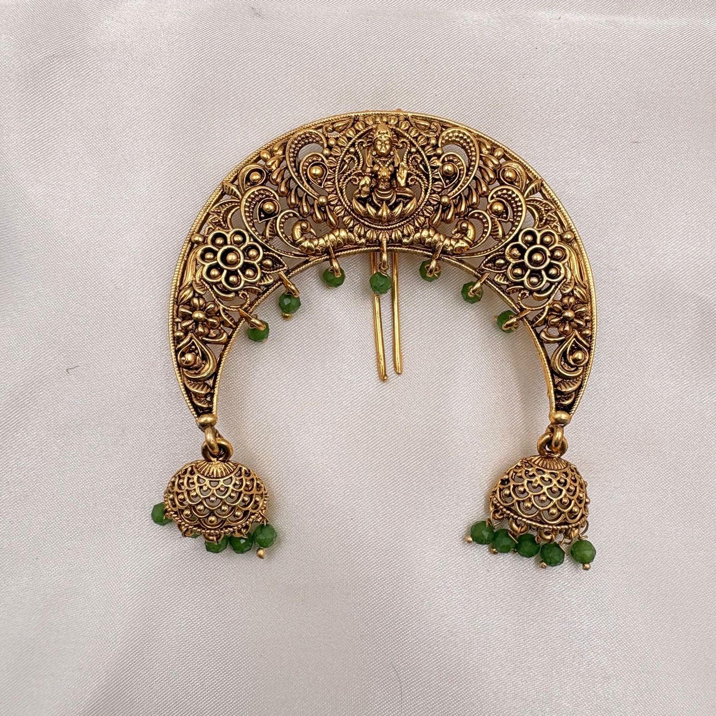Antique Lakshmi Temple Jada Billa with Green Beads & Dual Jhumka Hangings