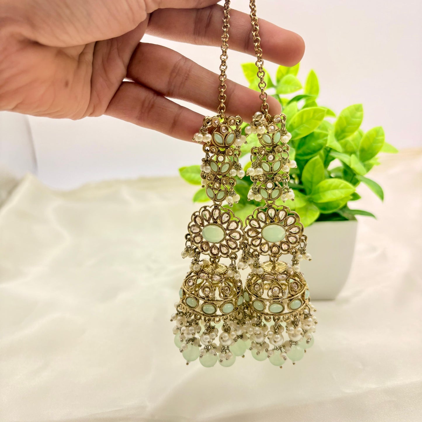 Mint Green Pearl Jhumka Earrings with Chain (Sahara Style)