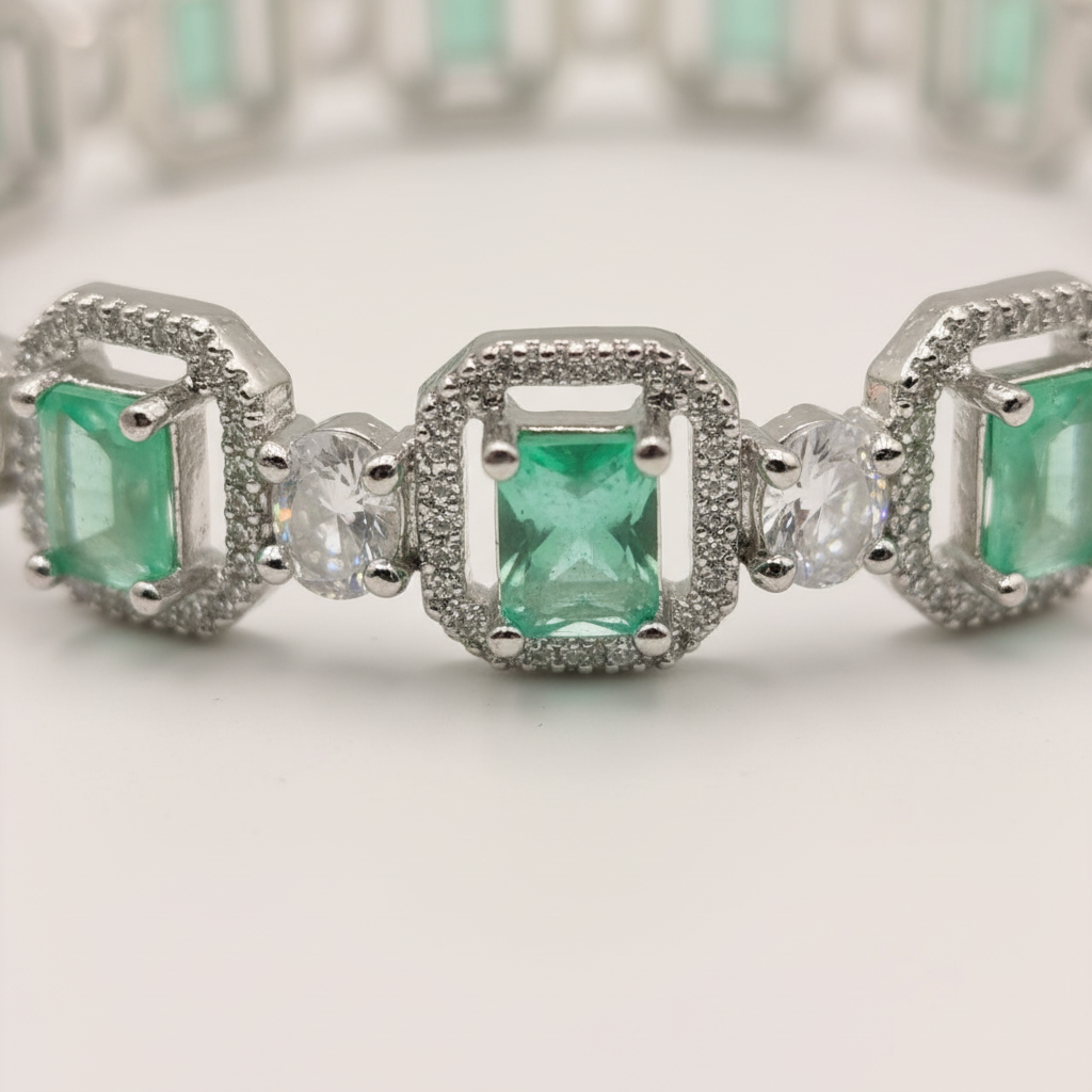 Silver-Plated Mint Green Stone Bangles with CZ Diamonds – Elegant Partywear Bangle Set (Set of 2)