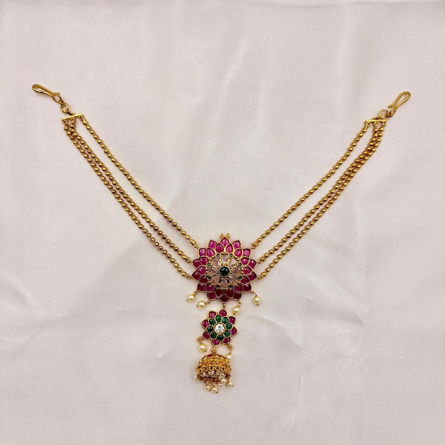 Bridal Lotus Design Hair Accessory with Triple Chains, Kemp Stones & Pearl Jhumka