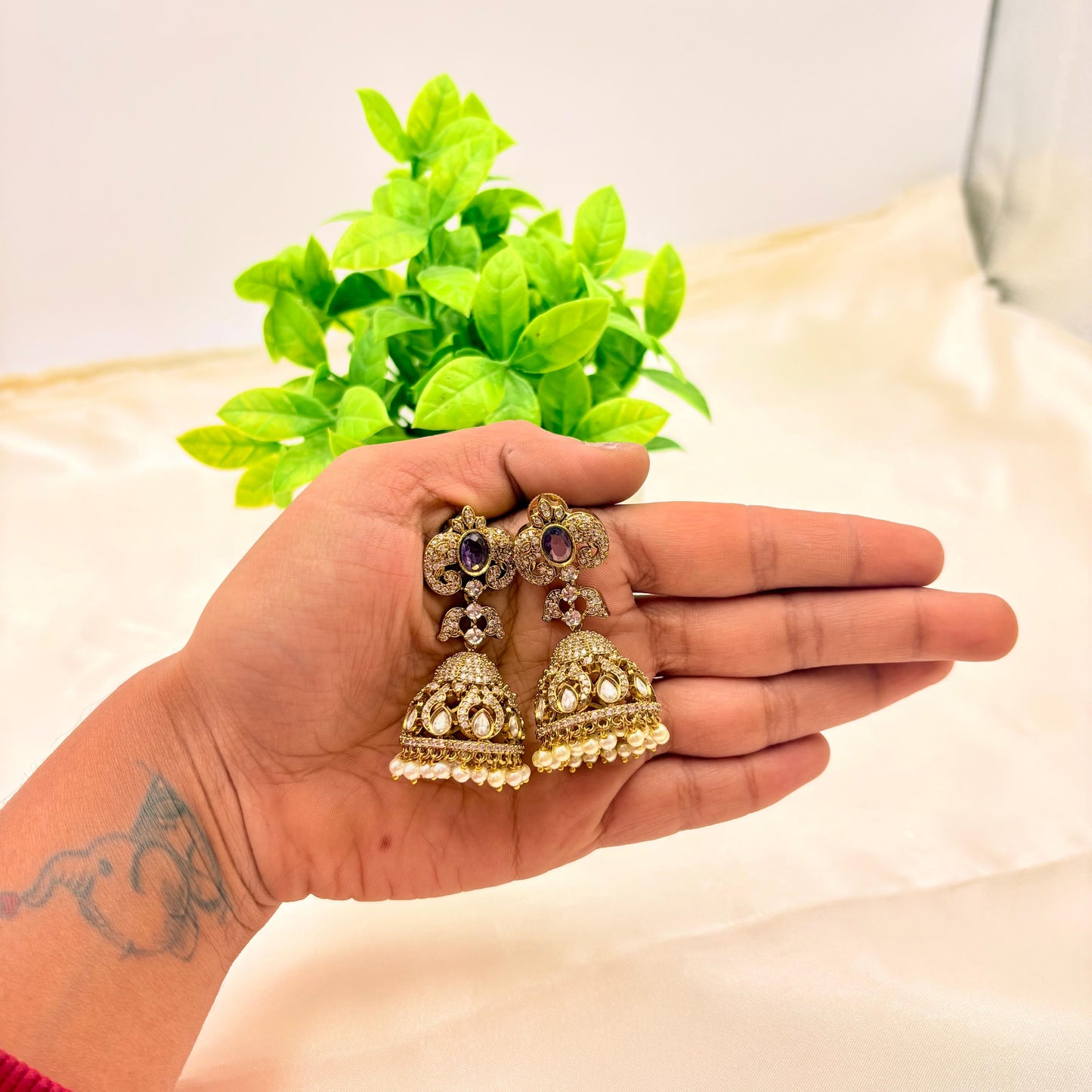 Antique Gold Kundan Jhumka Earrings with Pearl Drops