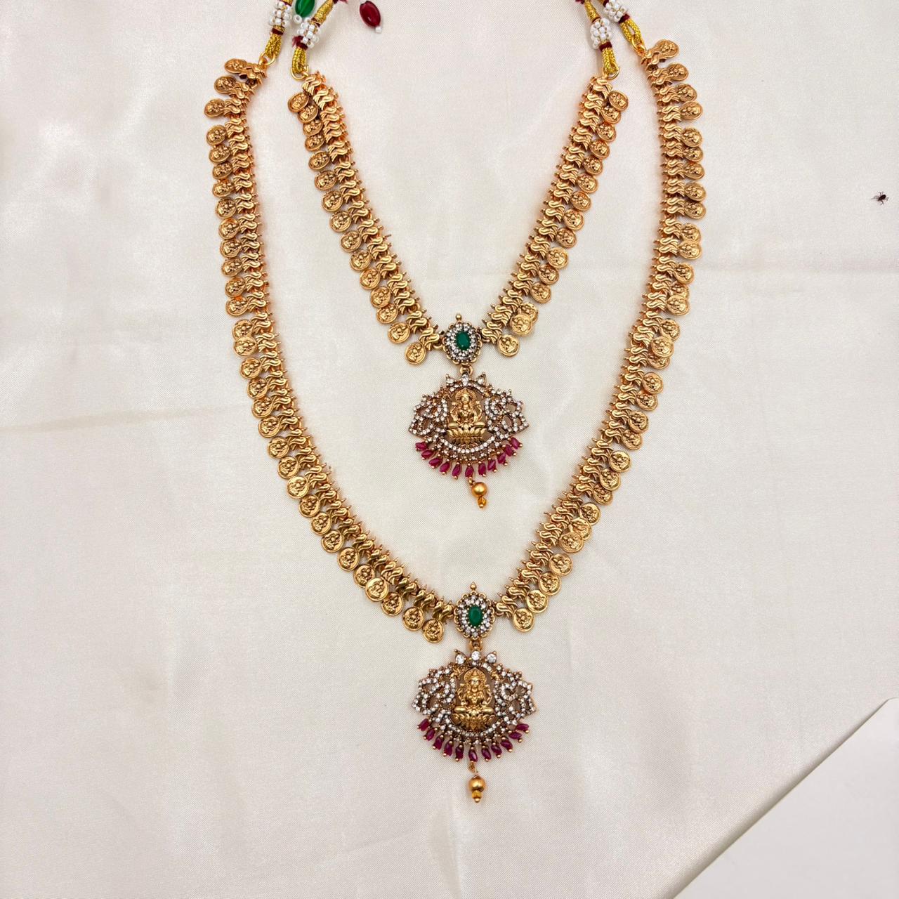 Premium Lakshmi Kasu Double Layer Temple Necklace Set – Antique Gold Finish