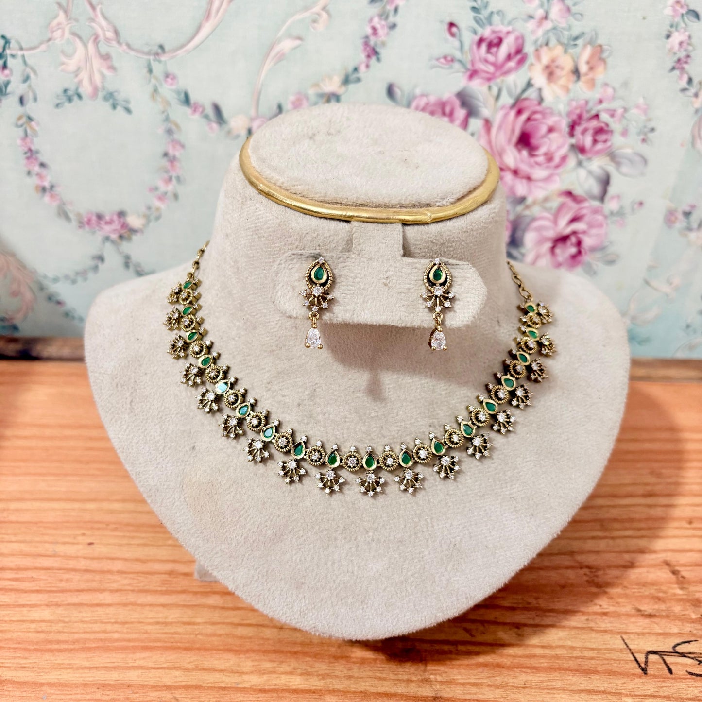 Elegant Green Stone Floral Choker Necklace Set with AD Stones & Drop Earrings