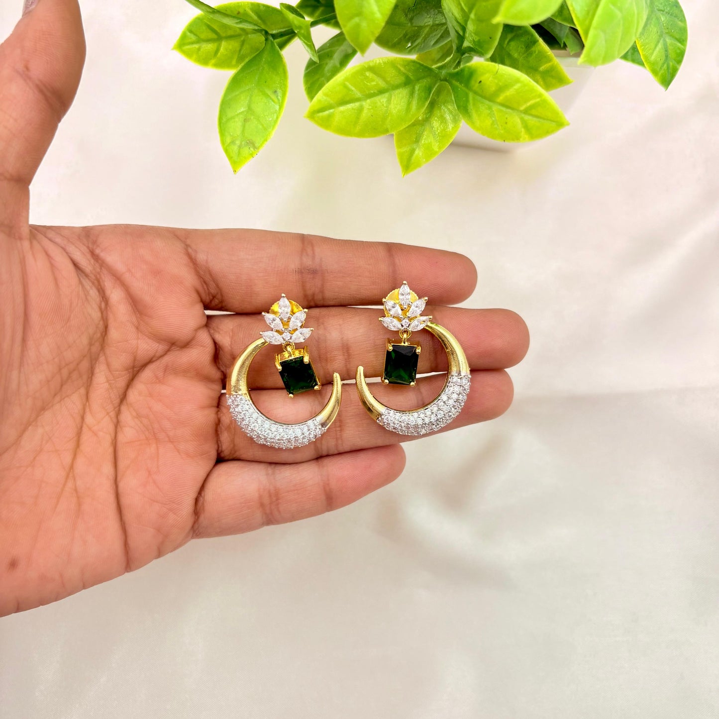 Gold Finish Crescent Earrings with Green Stone & CZ Work