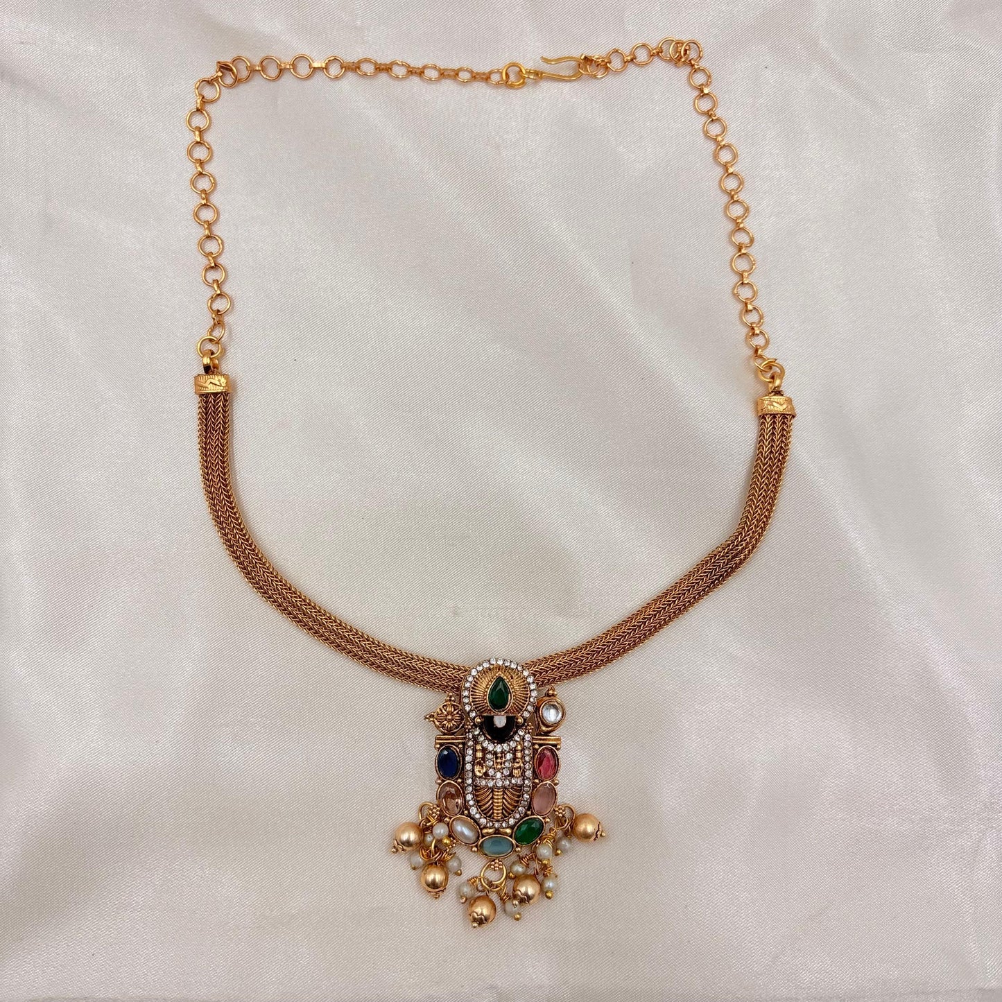 Antique Multicolour Temple Choker Set with Pearls & Jhumka Earrings | Bridal Jewellery