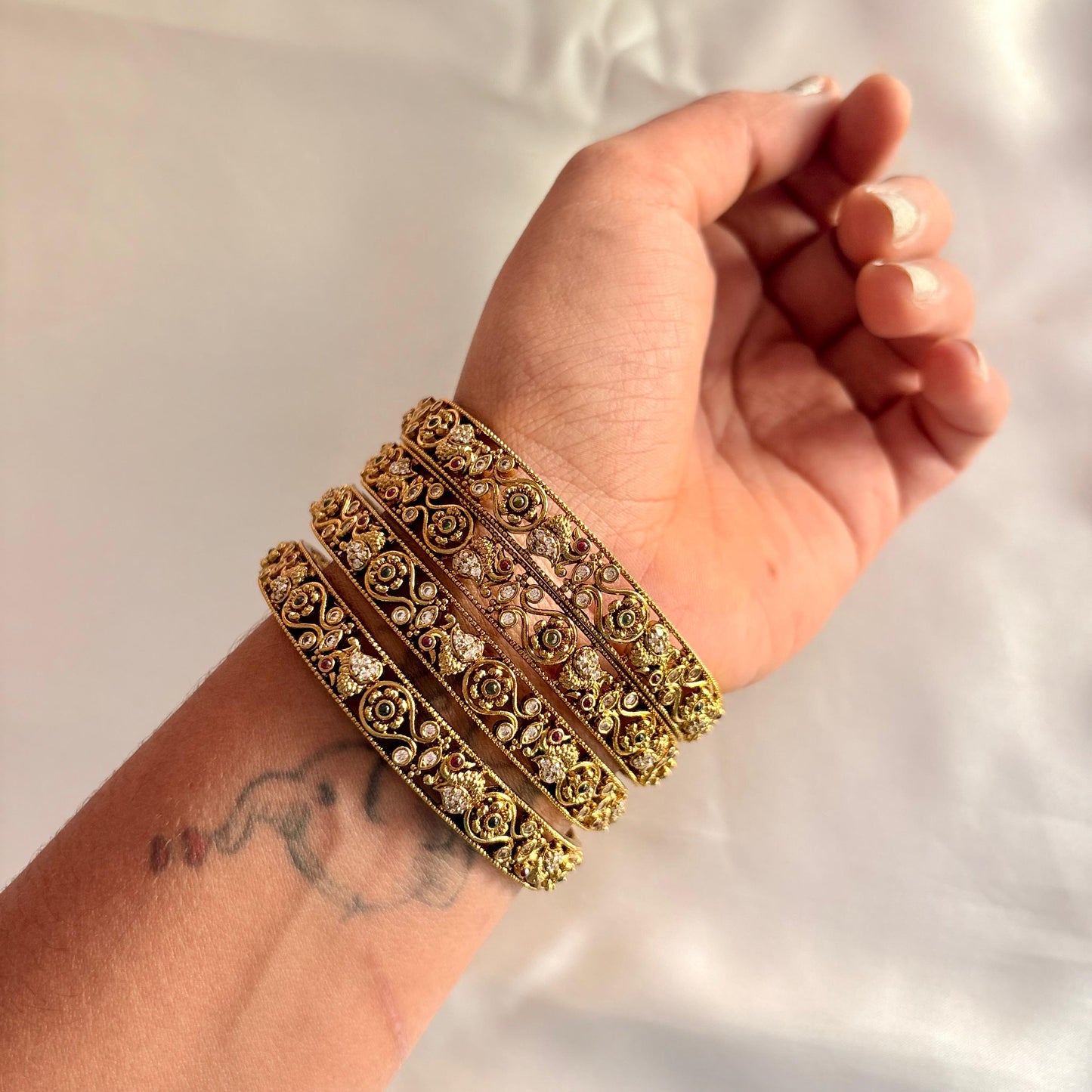 Antique Gold Floral Filigree Bangles Set (Set of 4) – Traditional Designer Kada Stack