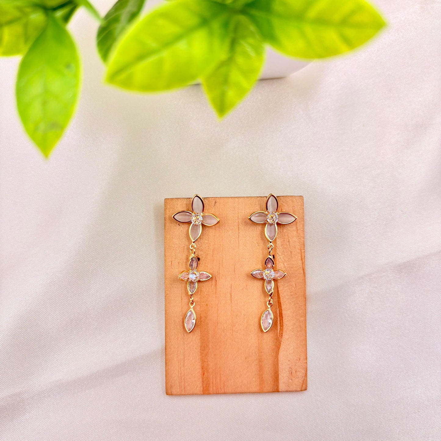 Elegant Gold Finish Floral Crystal Drop Earrings