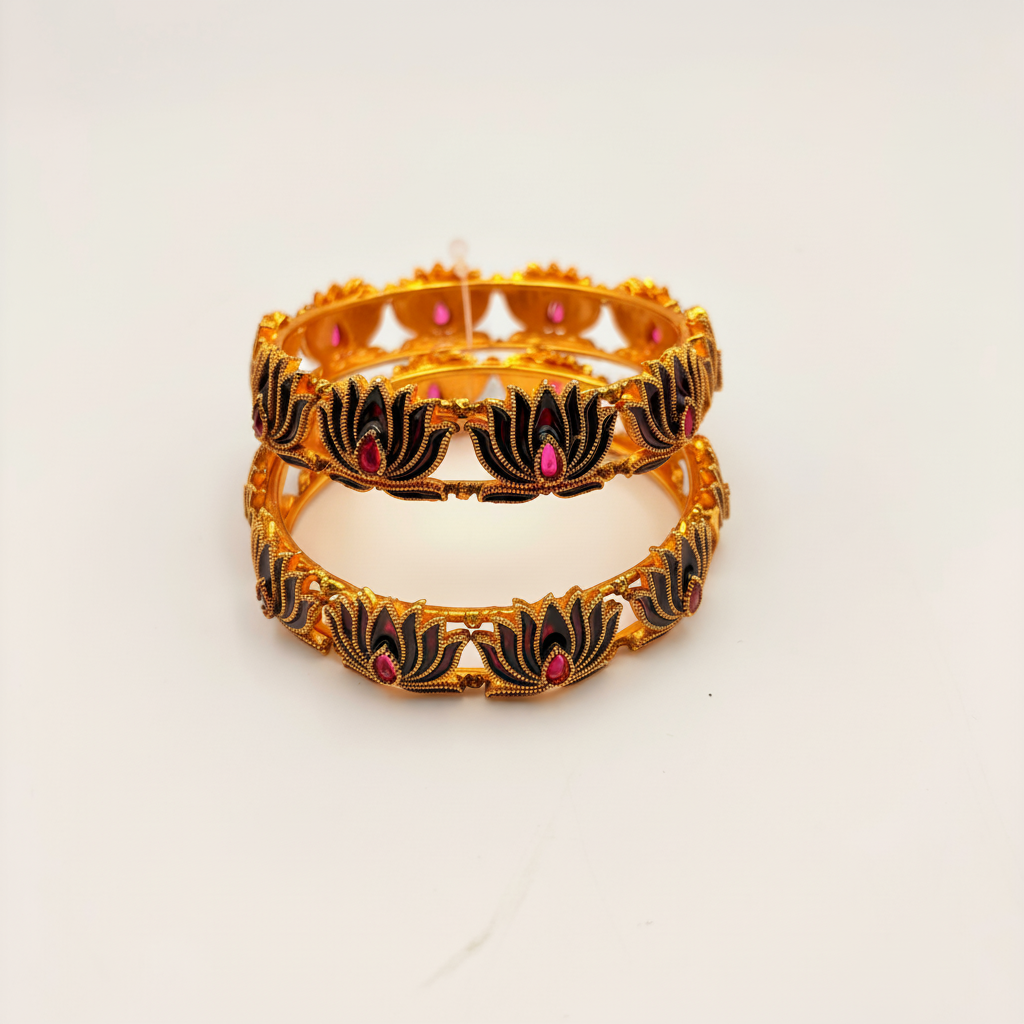 Black Meenakari Lotus Bangles – Pink Stone Edition