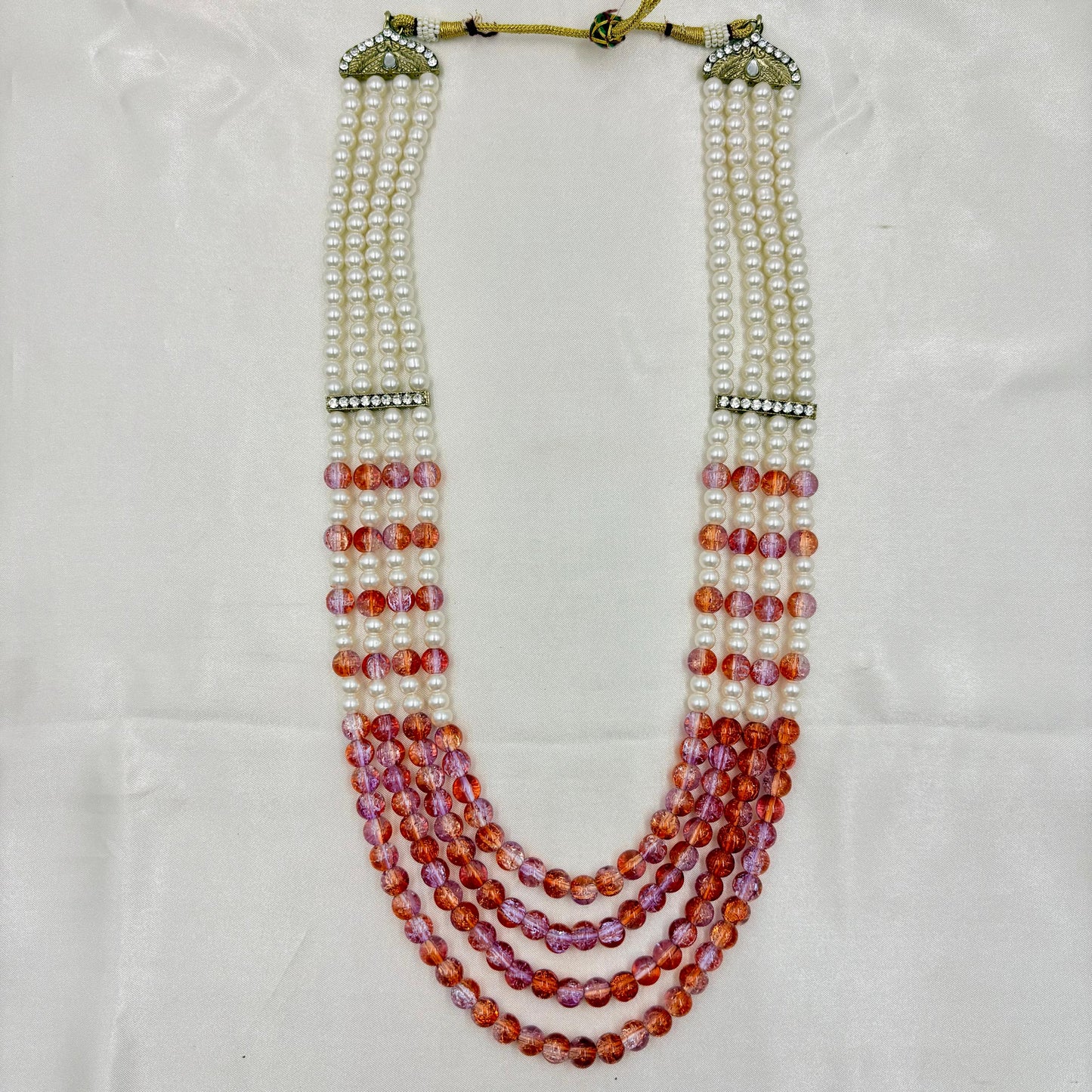Multi-Layer Pearl & Peach Crystal Beaded Long Necklace