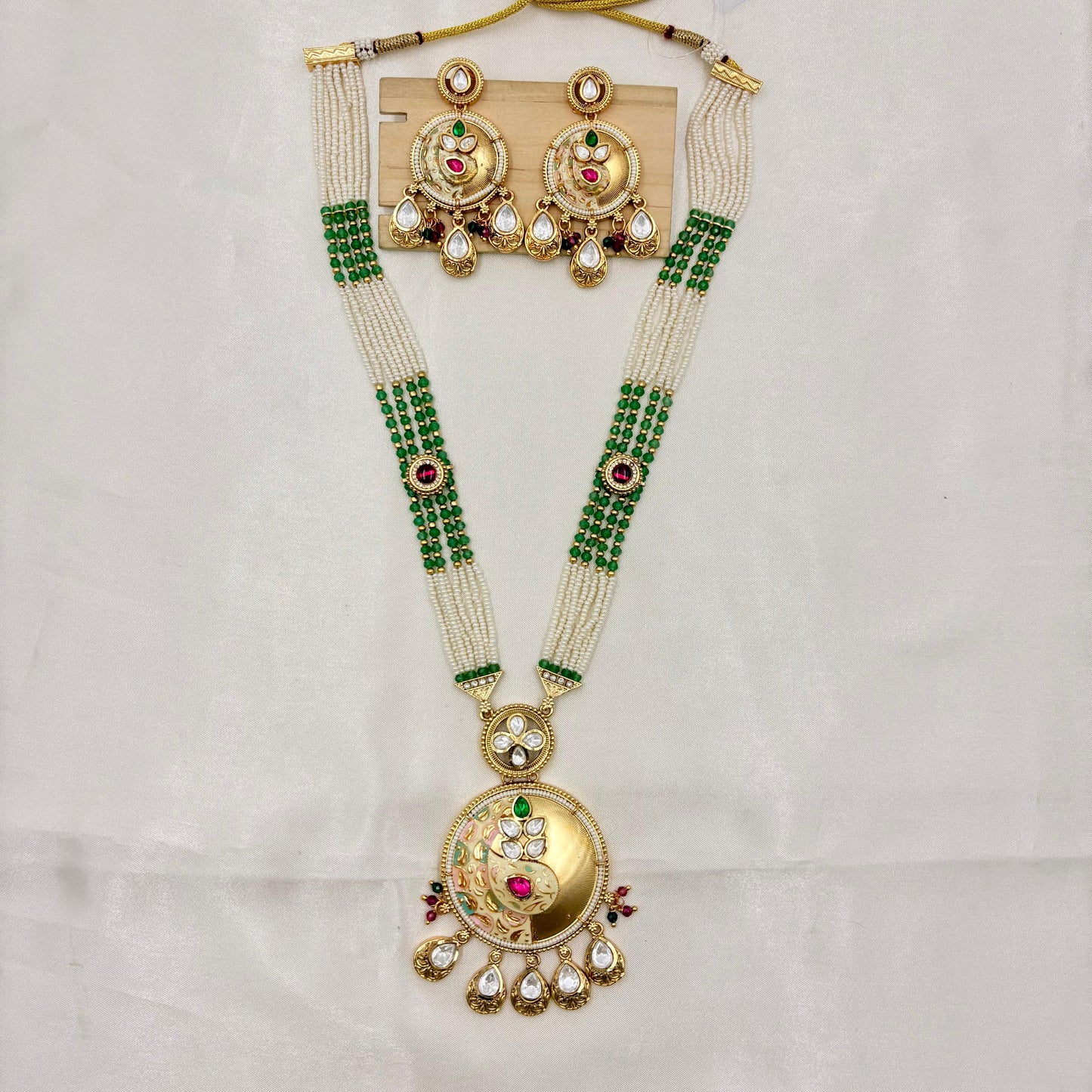 Traditional Gold Finish Pearl & Green Bead Long Necklace Set with Kundan Pendant
