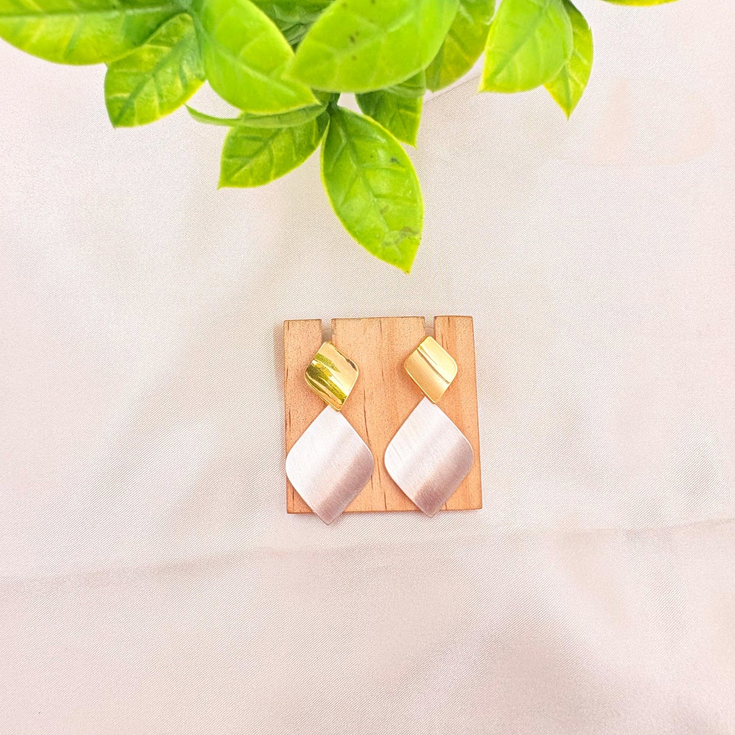 Two-Tone Geometric Drop Earrings – Gold & Silver Finish