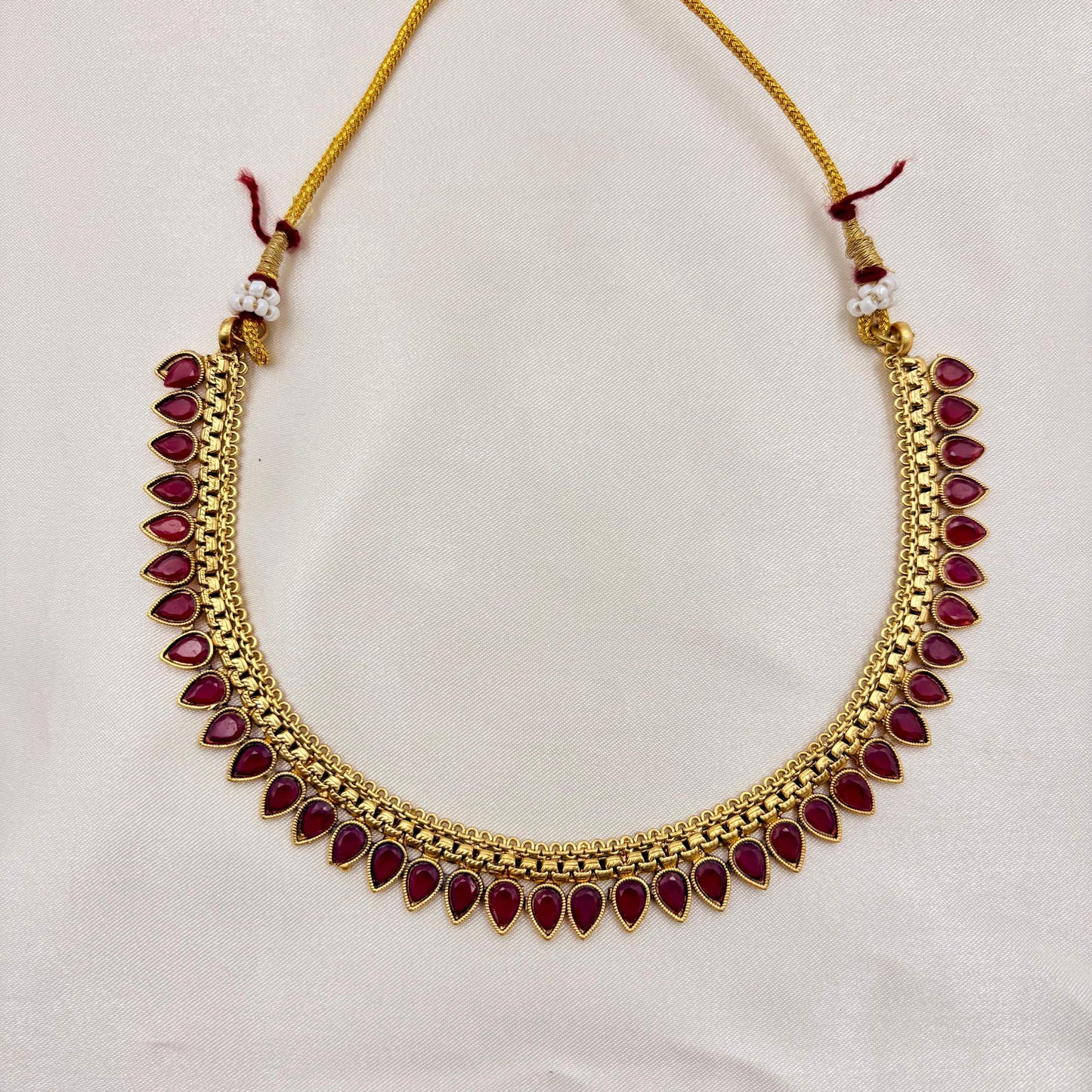Gold-Plated Red Stone Pearl Drop Necklace Set with Matching Earrings | Traditional Ethnic Jewellery