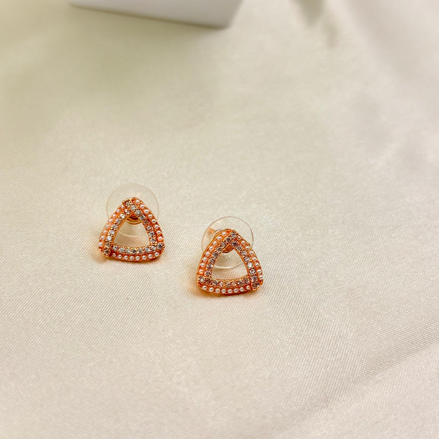 Rose Gold Triangle Pearl & Stone Stud Earrings