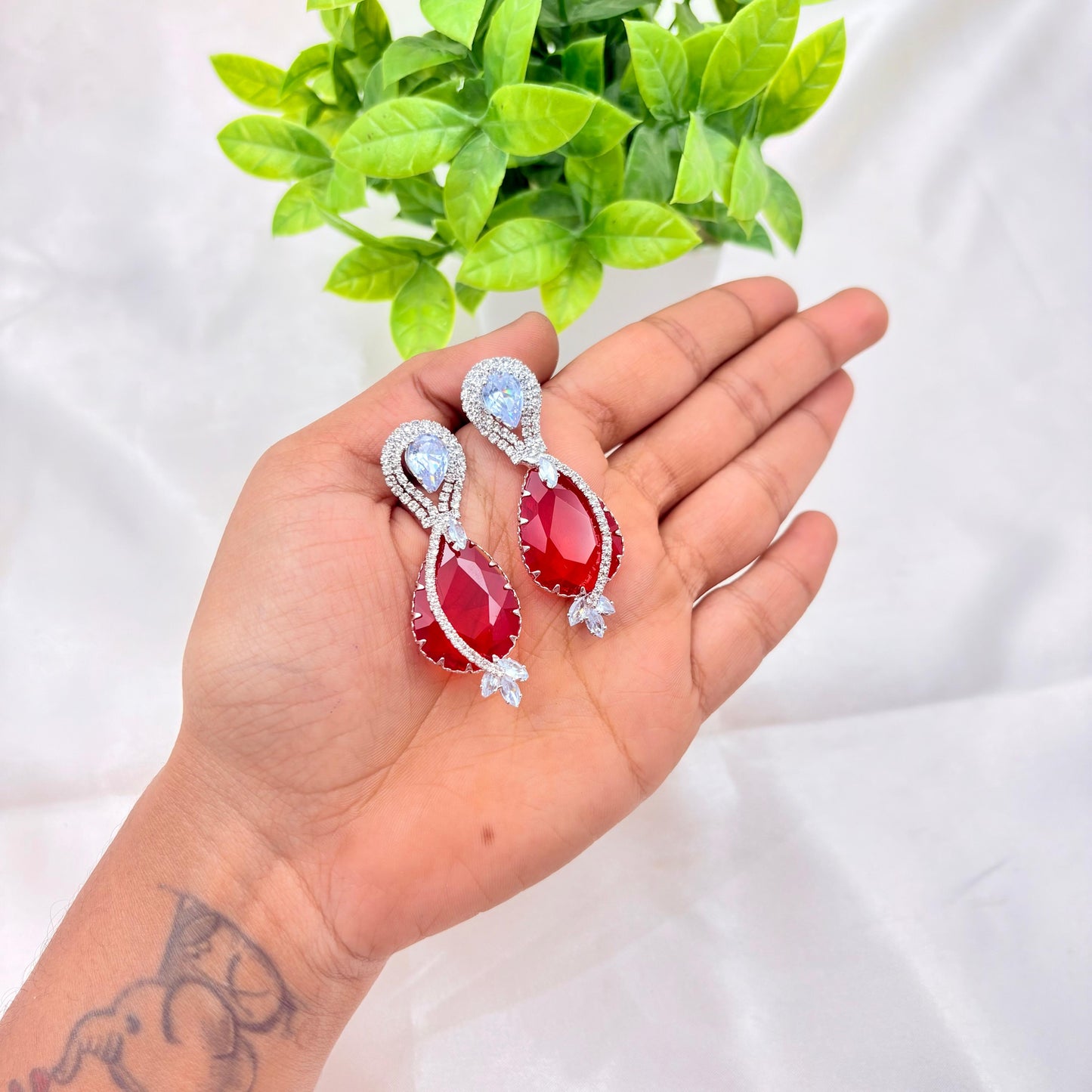 Ruby Red Teardrop Crystal Earrings with Silver Finish