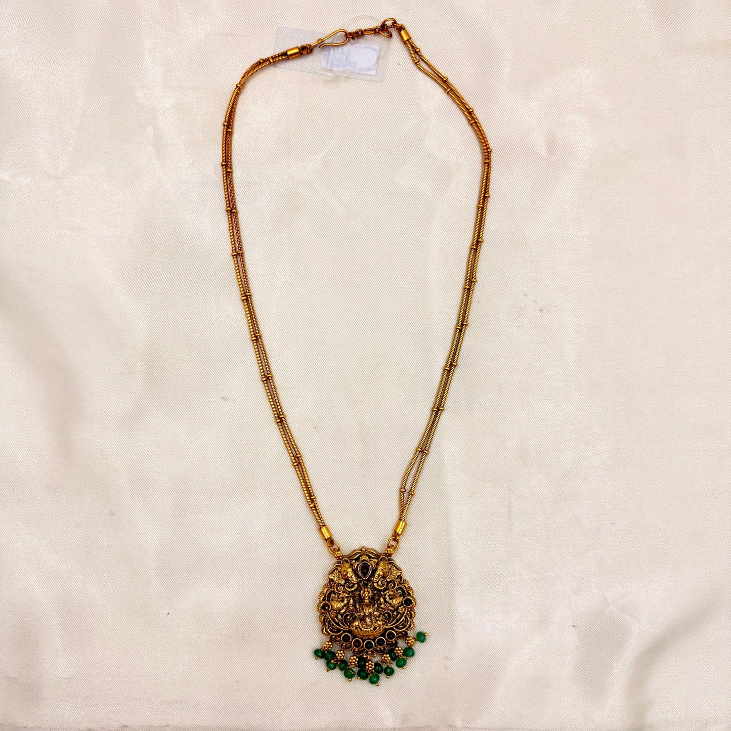Antique Gold Lakshmi Temple Necklace Set with Green Bead Drops