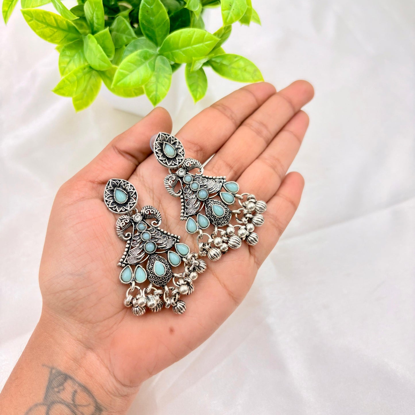Oxidized Silver Tribal Earrings with Turquoise Blue Stones & Ghungroo Drops