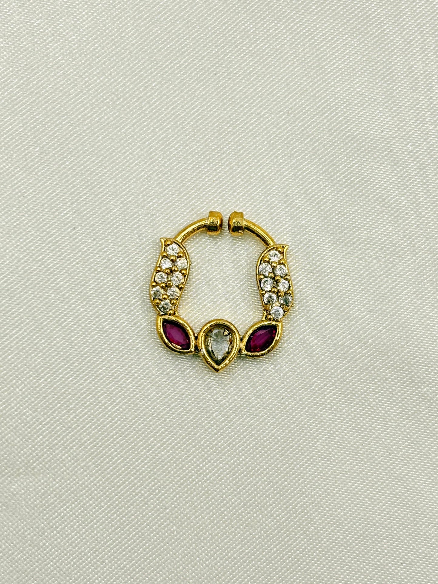 Designer Ruby & White Stone Teardrop Nose Pin – Gold Finish