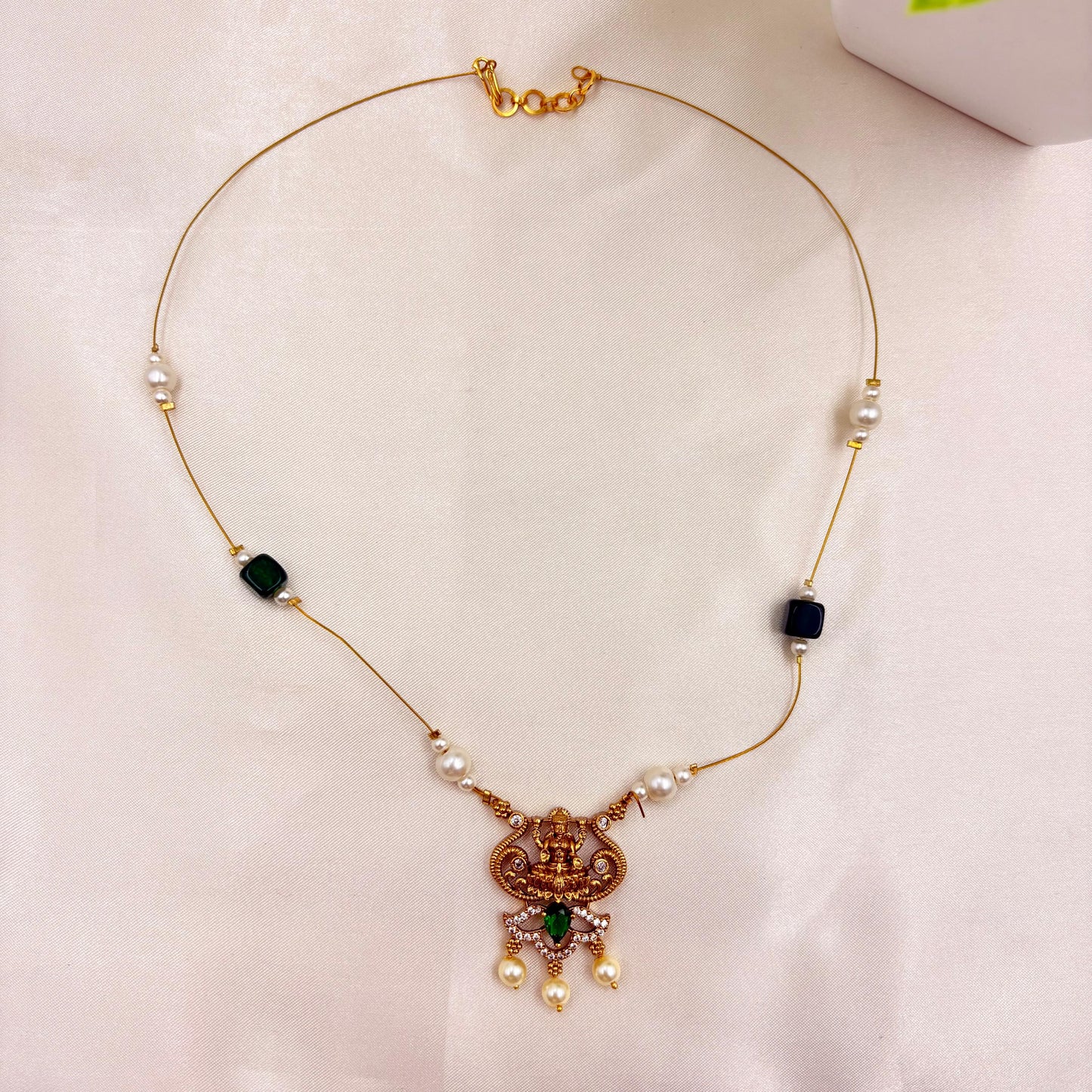 Minimal Gold Finish Lakshmi Pendant Wire Necklace with Pearl Drops