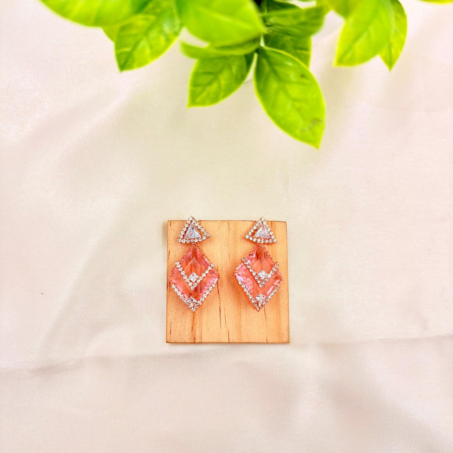 Peach Crystal Geometric Drop Earrings – Rose Gold Finish