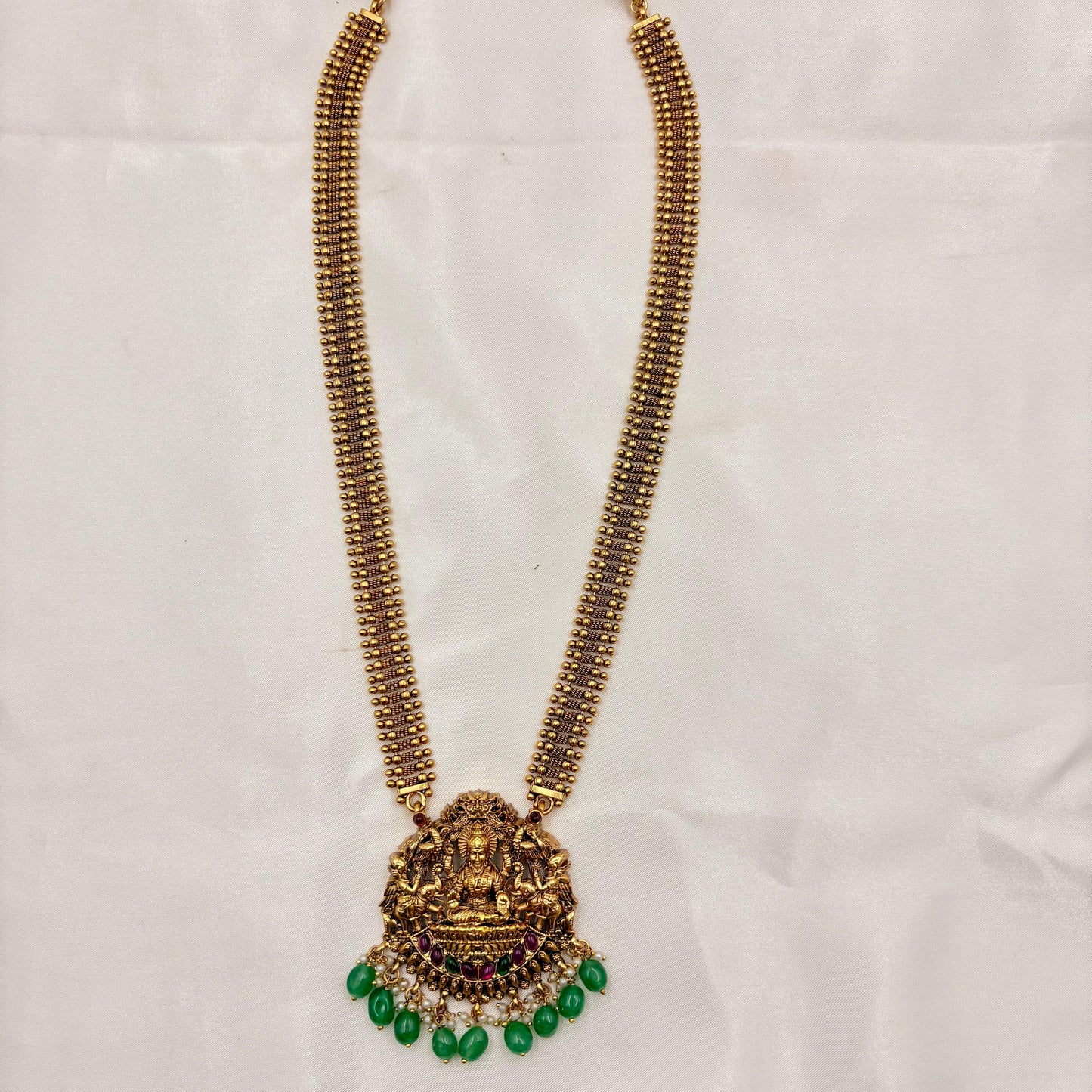 Antique Gold Lakshmi Long Haram with Double Gundu Chain & Green Bead Drops | Earrings Included
