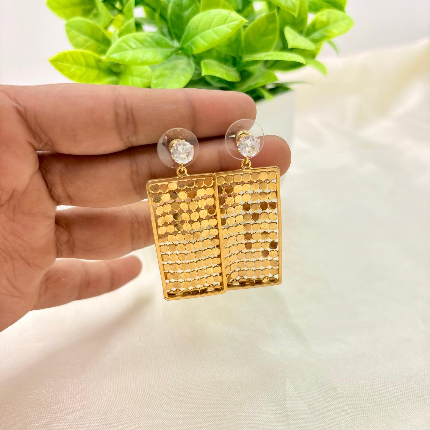 Gold Finish Rectangular Mesh Drop Earrings with CZ Stud