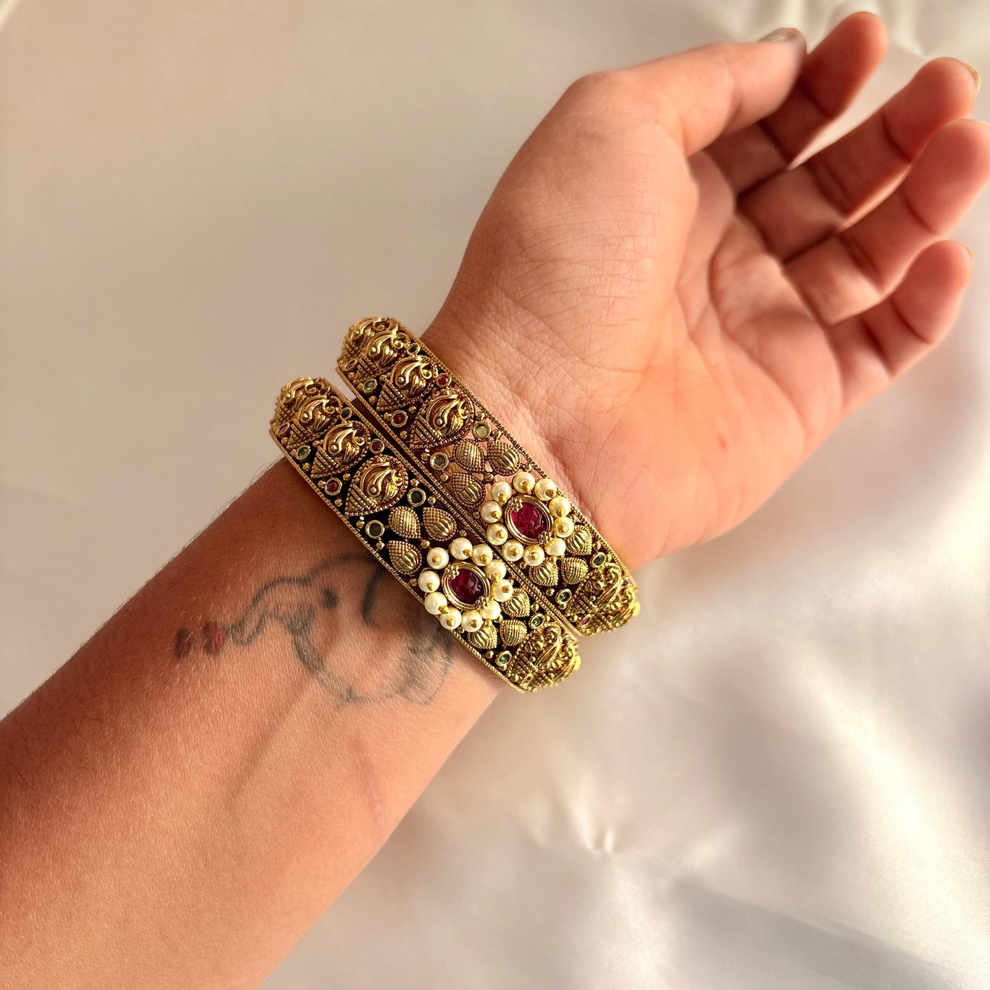Antique Temple Design Ruby Pearl Kada Bangles (Pair) – Heritage Gold Finish