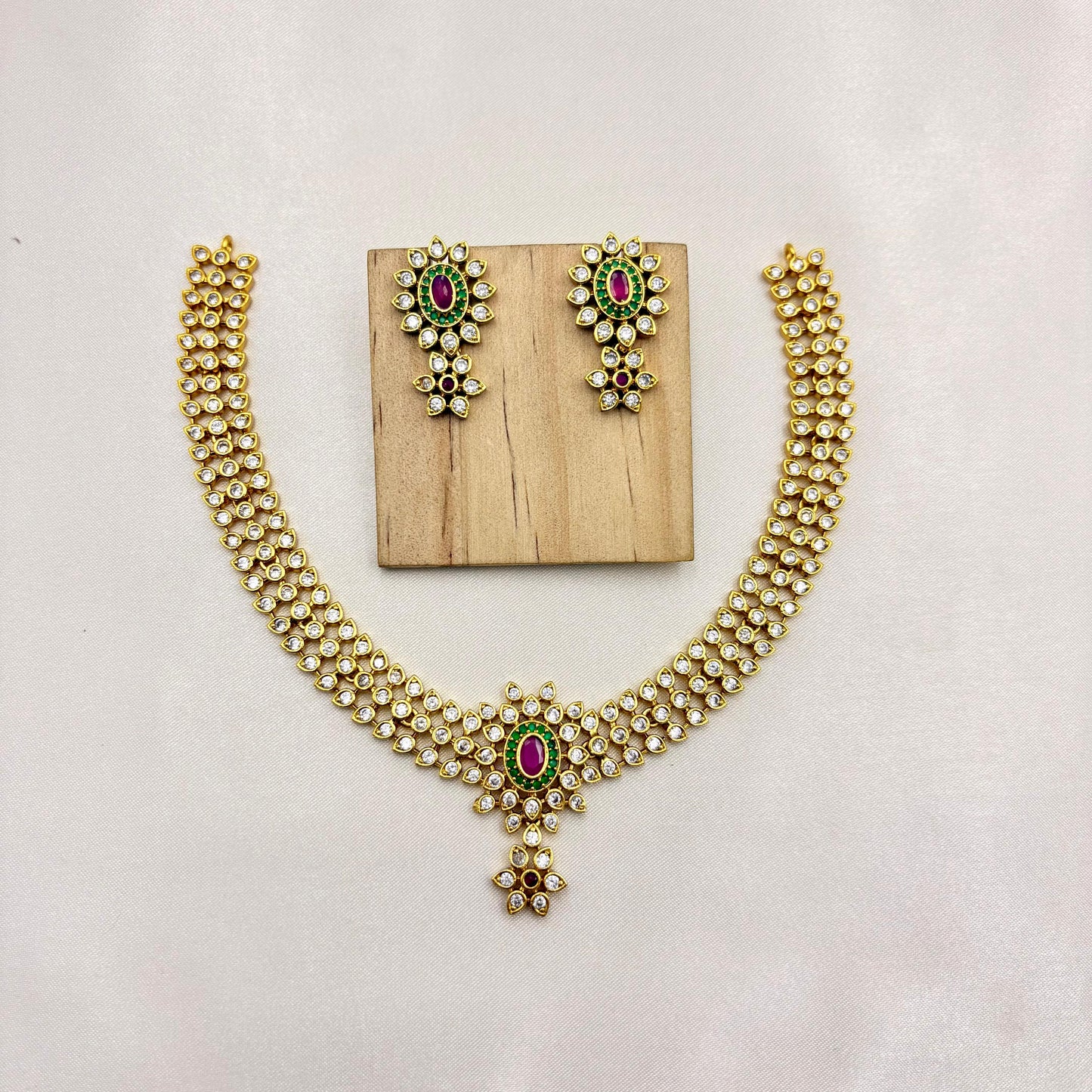 Premium CZ Stone Bridal Necklace Set with Ruby & Emerald Accents – Gold Finish