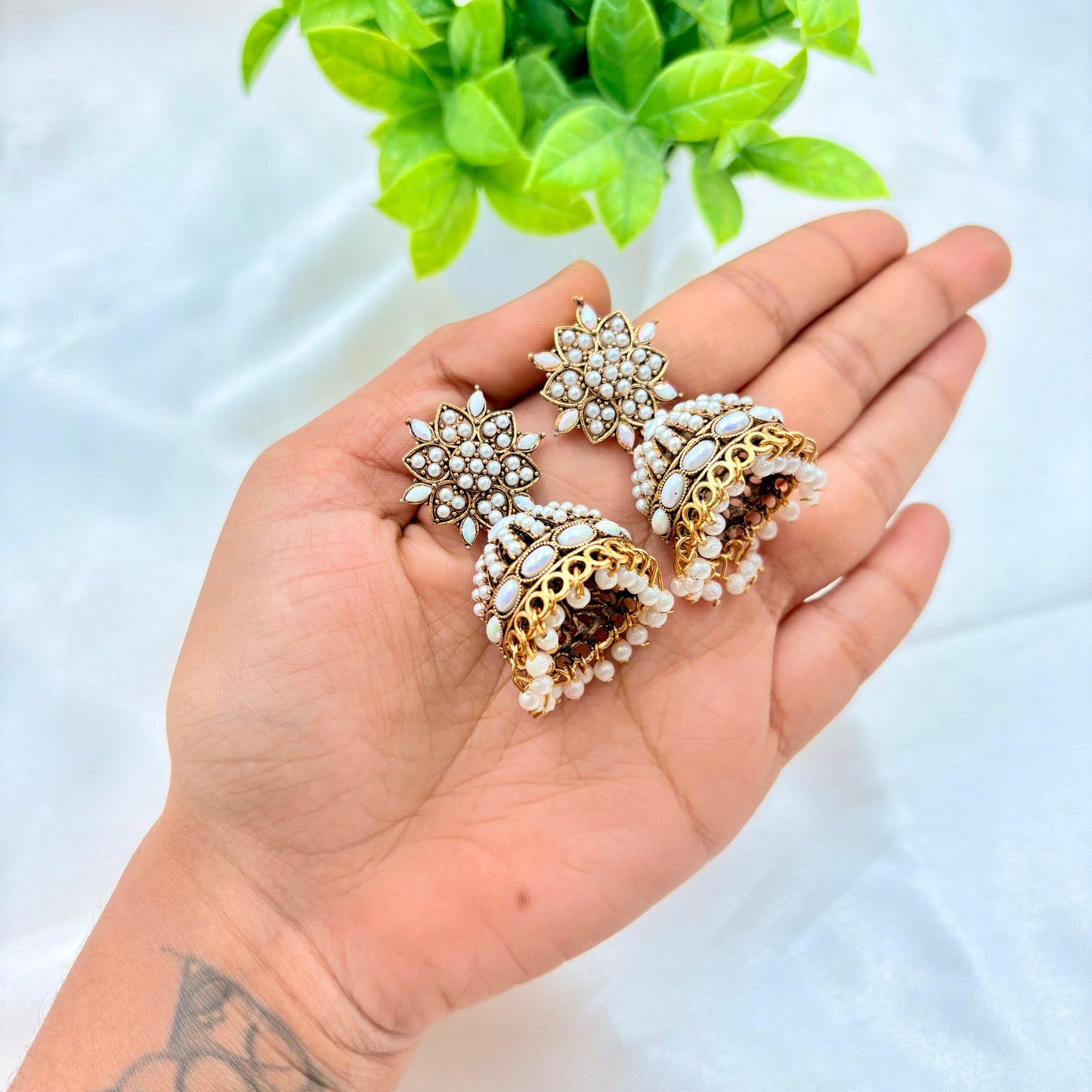 White Kundan Pearl Jhumka Earrings – Gold Finish