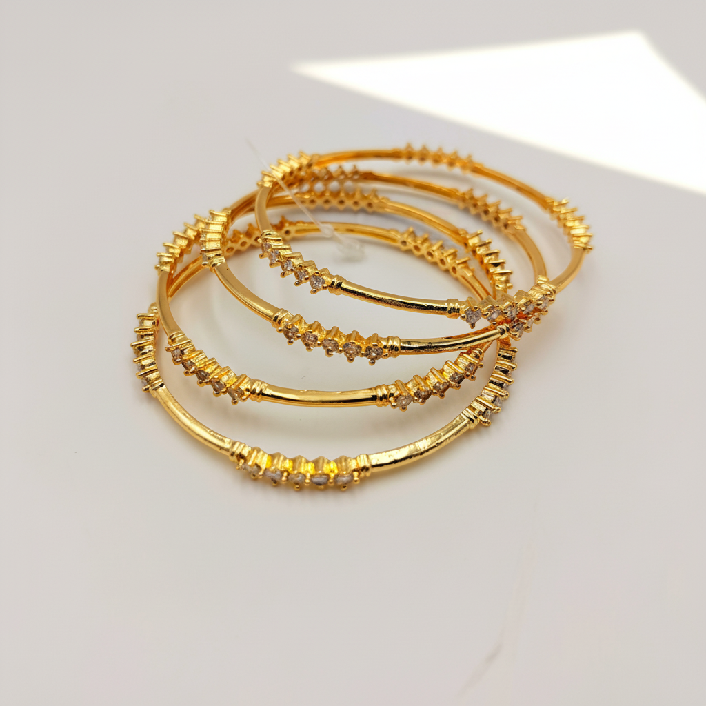Elegant Slim Gold Bangles with CZ Stones – Minimal Designer Bangle Set (Set of 4)