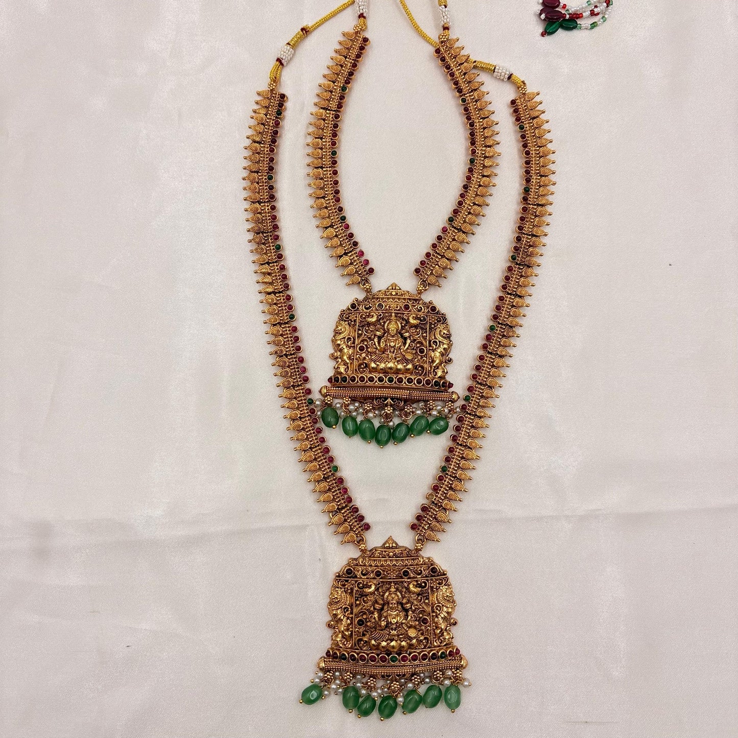 Antique Gold Temple Long Haram Necklace Set with Lakshmi Pendant & Jhumka Earrings
