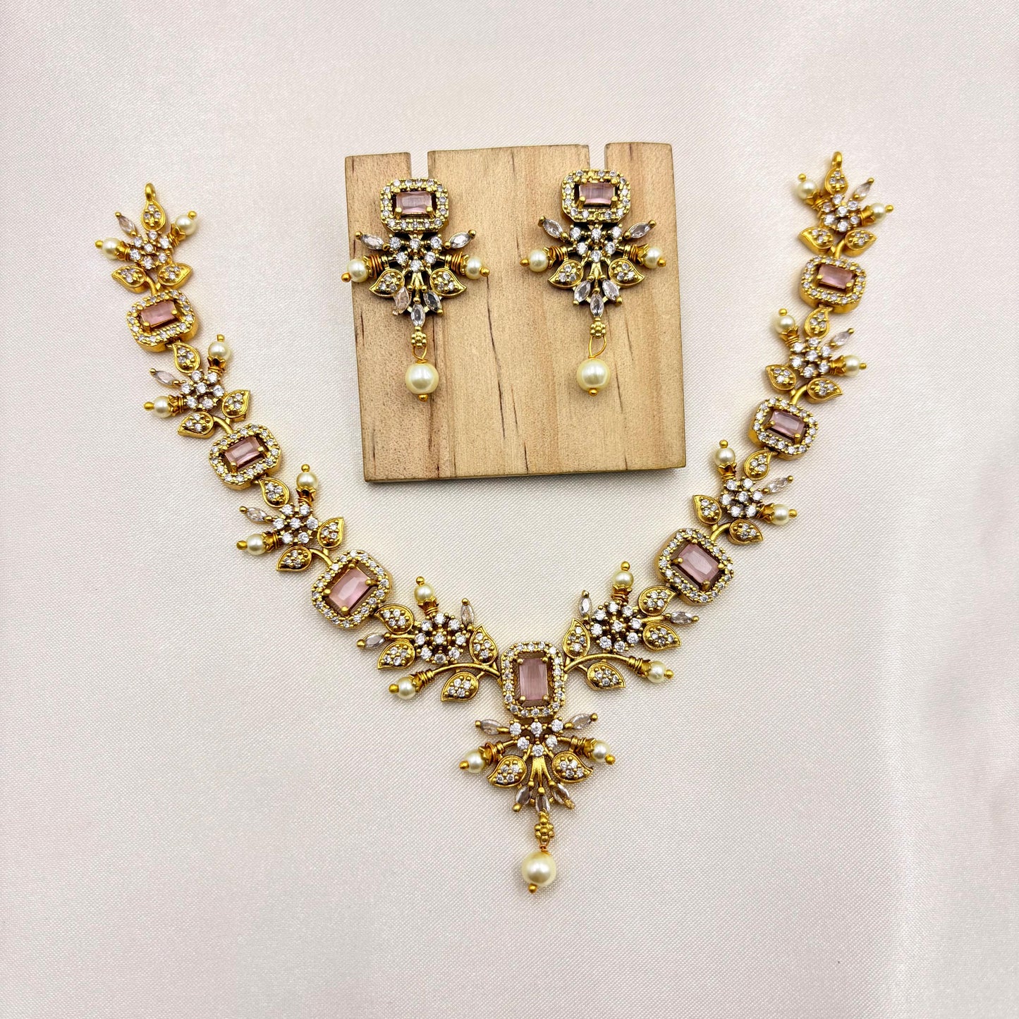 Blush Pink Stone Gold Finish Necklace Set with Pearl Drops