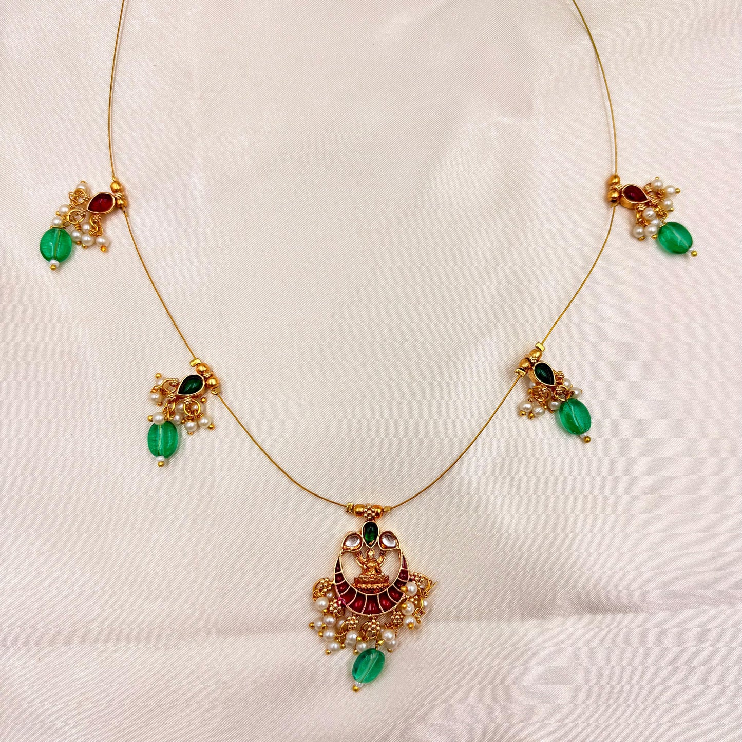 Gold Finish Temple Pendant Wire Necklace with Green Beads & Pearl Drops