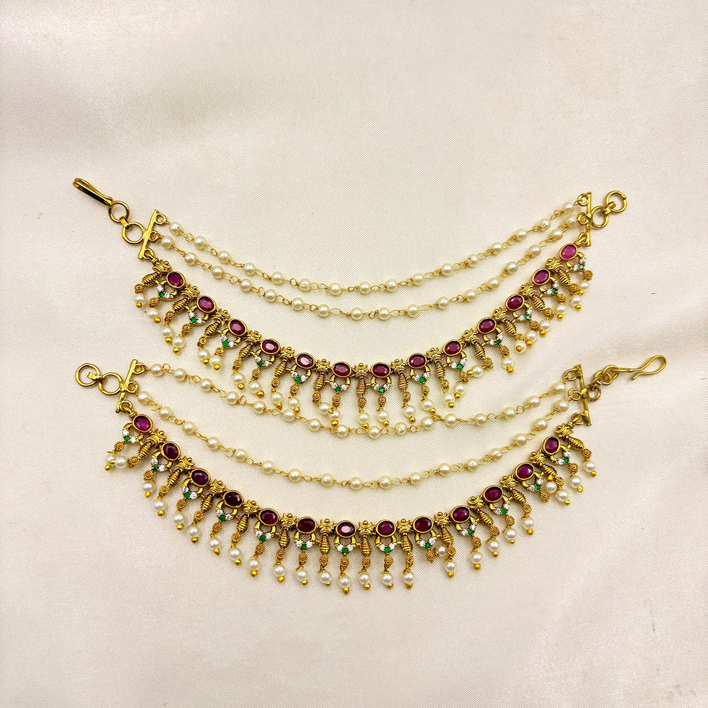 Antique Gold Pearl Matti Hair Accessory – Ruby Stone Bridal Mattal with Pearl Chains | Temple Hair Jewellery