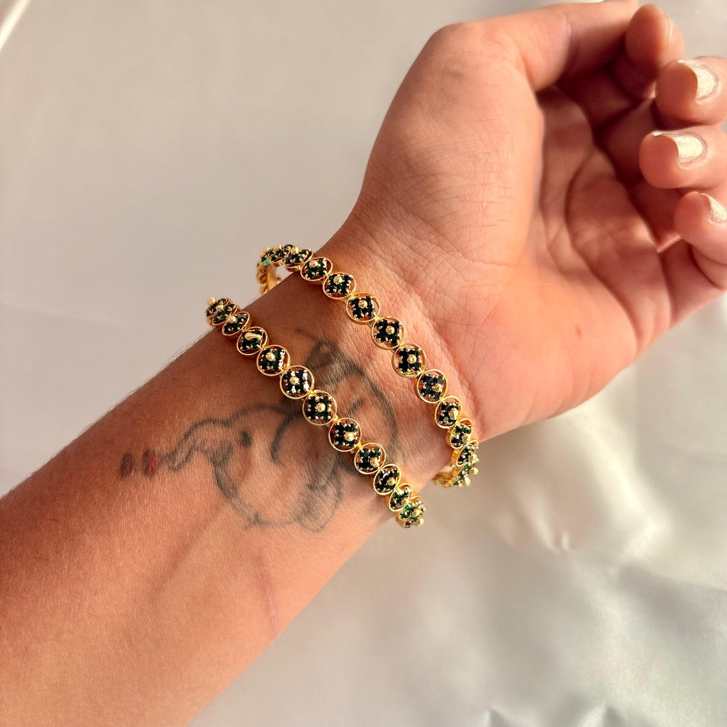 Traditional Green Stone Floral Design Gold Plated Bangles (Pair)