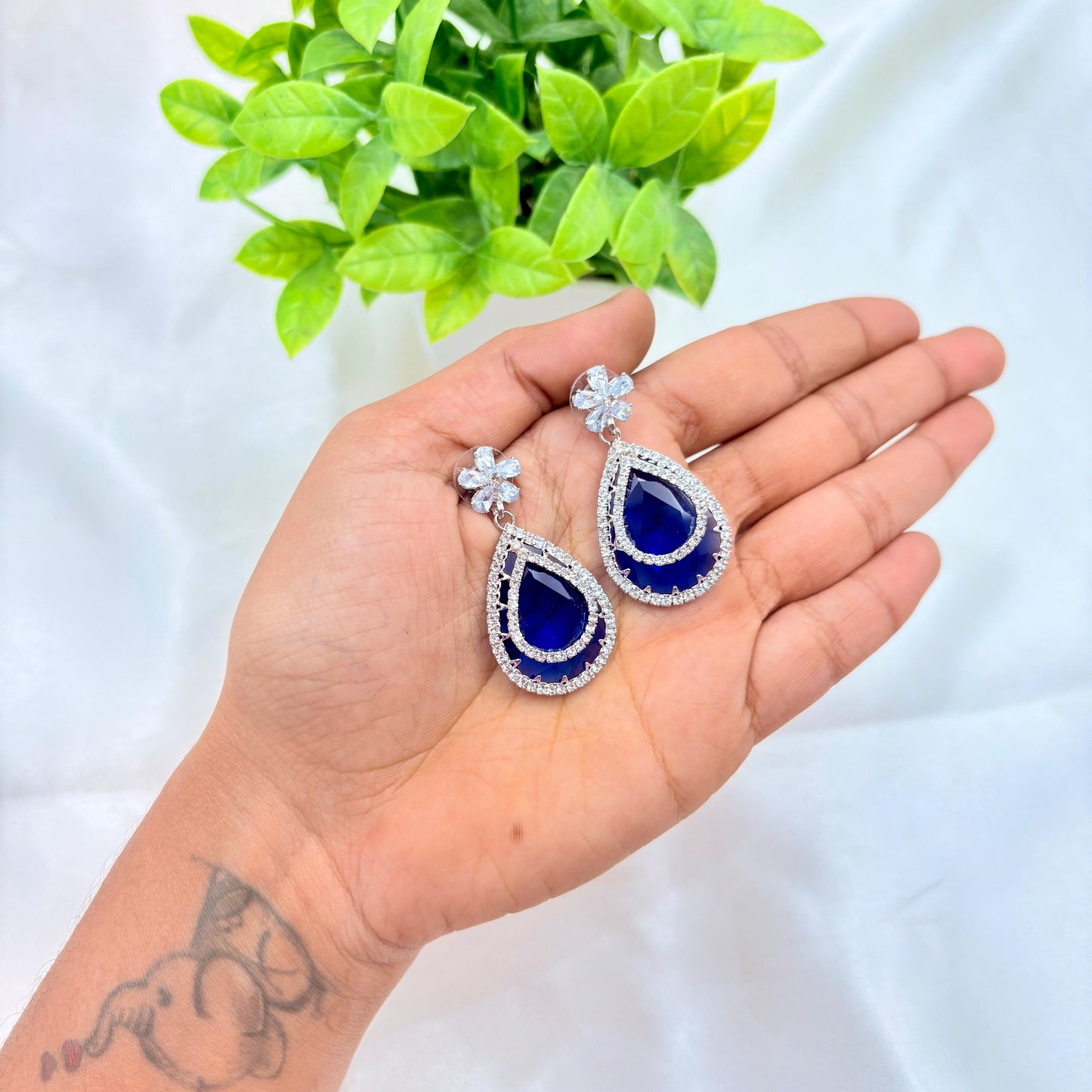 Royal Blue Teardrop Crystal Earrings with Silver Finish